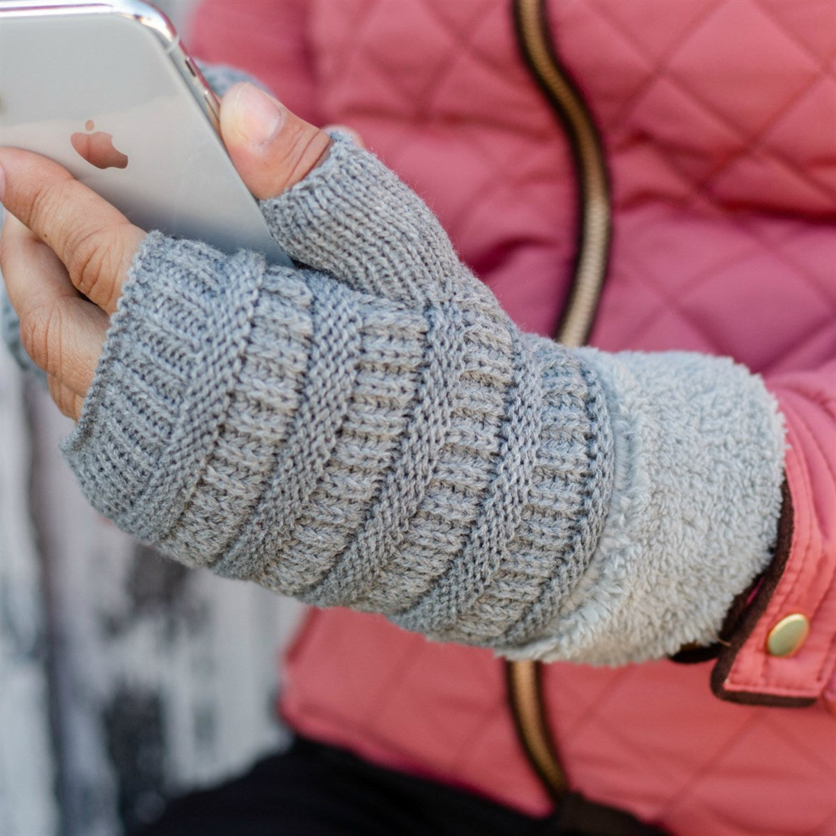 C.C Fingerless Gloves in various colors with faux fur lining, showcasing a stylish cable knit design.