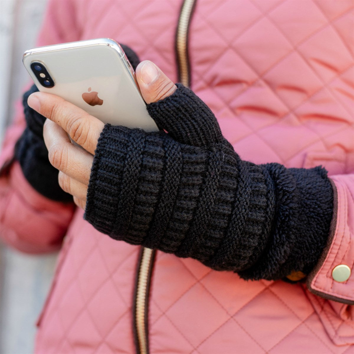 C.C Fingerless Gloves in various colors with faux fur lining, showcasing a stylish cable knit design.