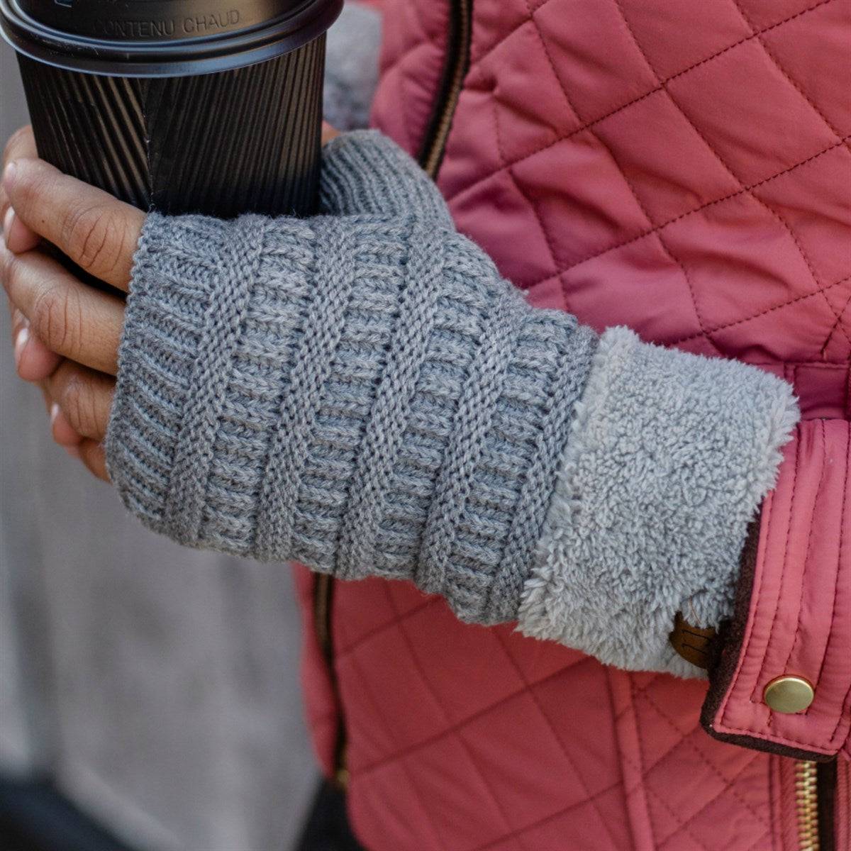 C.C Fingerless Gloves in various colors with faux fur lining, showcasing a stylish cable knit design.