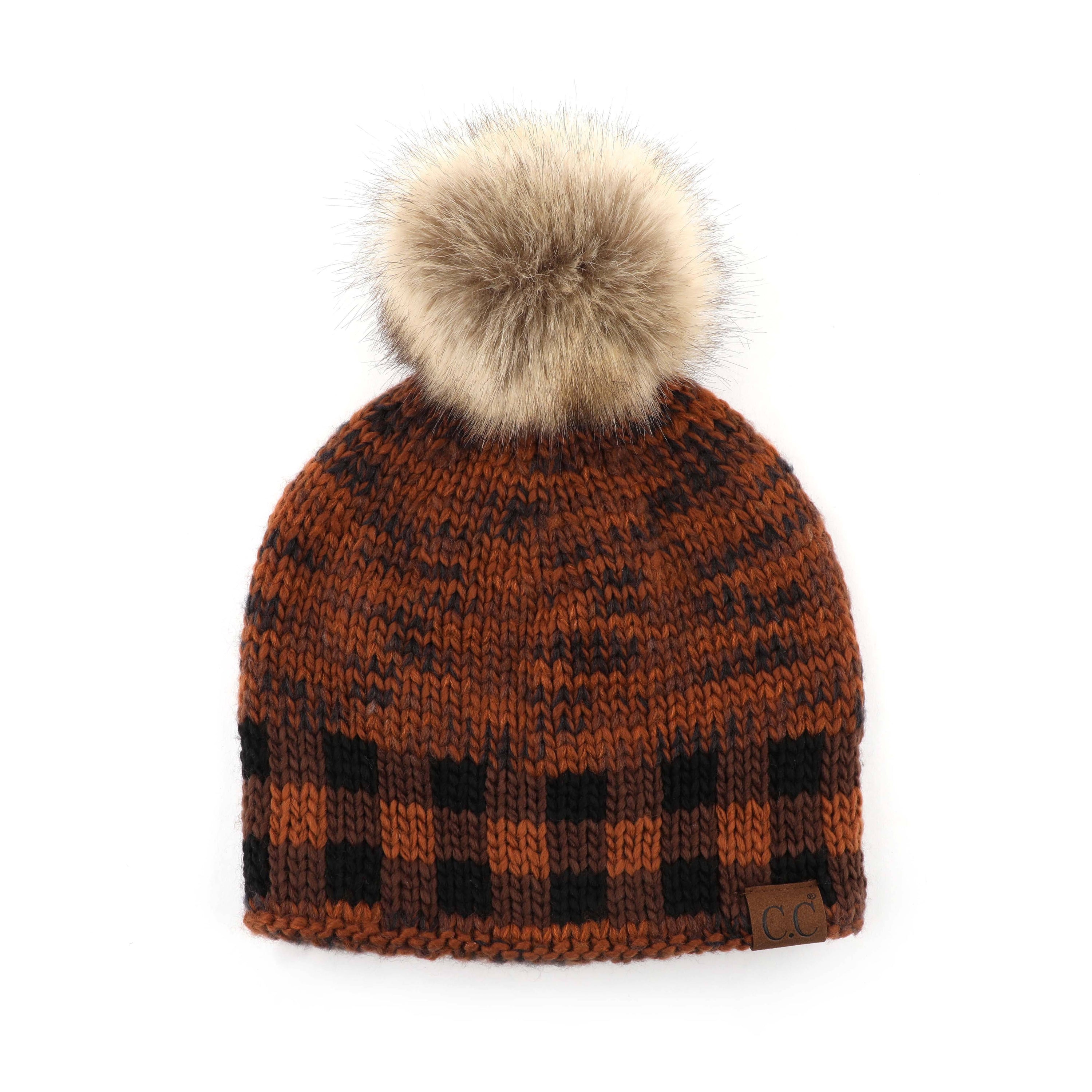 CC Fire Cozy Buffalo Plaid Beanie featuring a faux fur pom and stylish buffalo plaid design, perfect for winter wear.