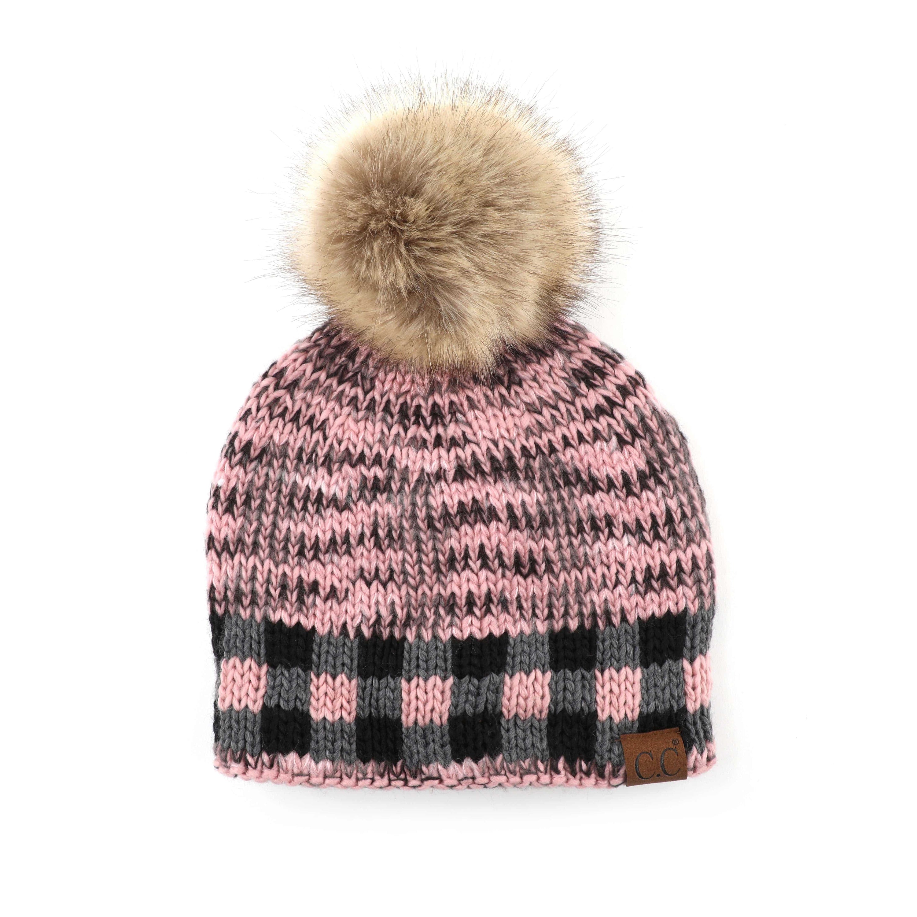 CC Fire Cozy Buffalo Plaid Beanie featuring a faux fur pom and stylish buffalo plaid design, perfect for winter wear.