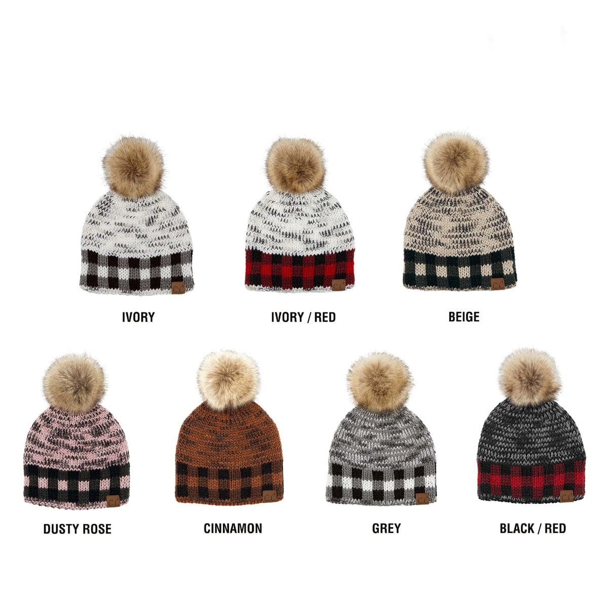 CC Fire Cozy Buffalo Plaid Beanie featuring a faux fur pom and stylish buffalo plaid design, perfect for winter wear.