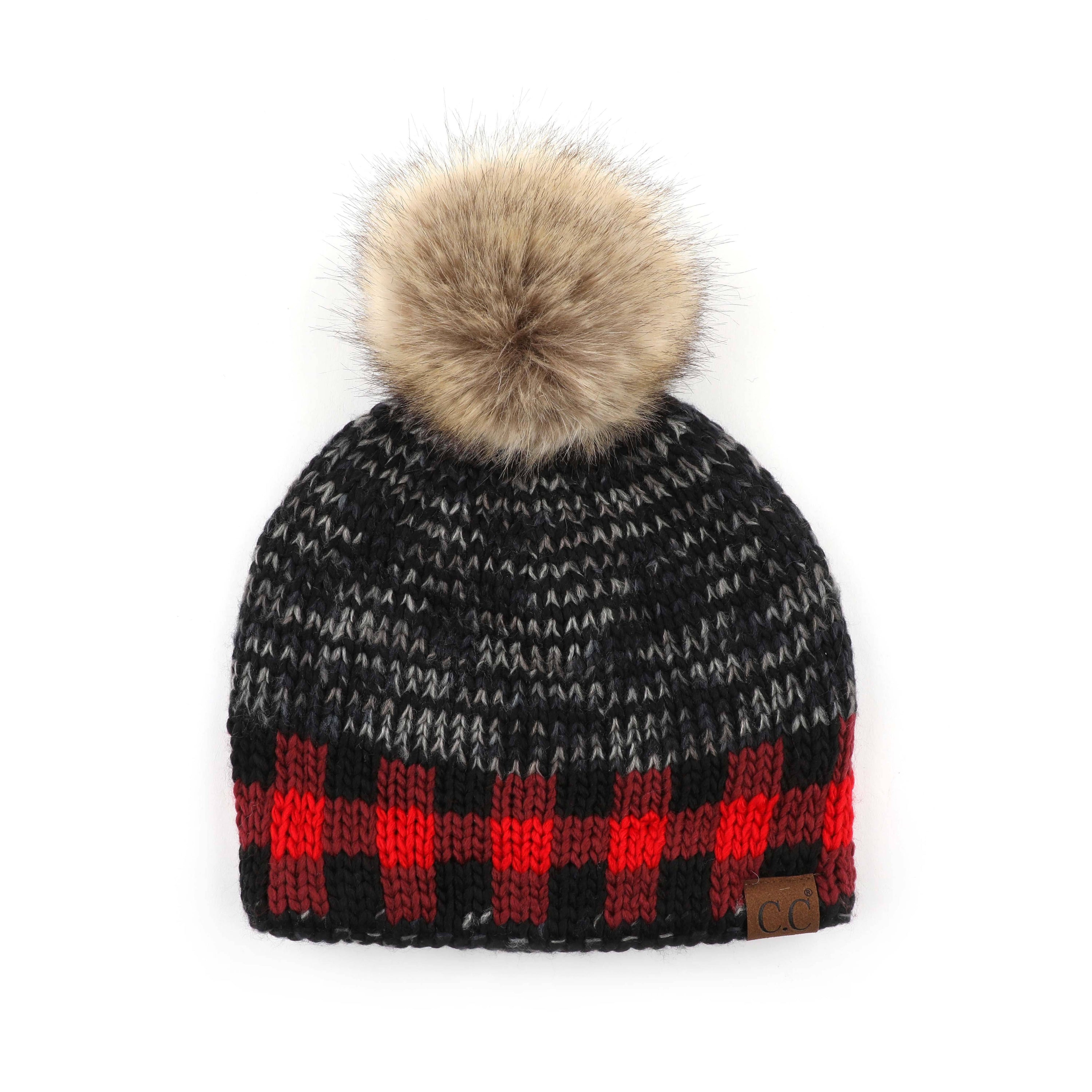 CC Fire Cozy Buffalo Plaid Beanie featuring a faux fur pom and stylish buffalo plaid design, perfect for winter wear.