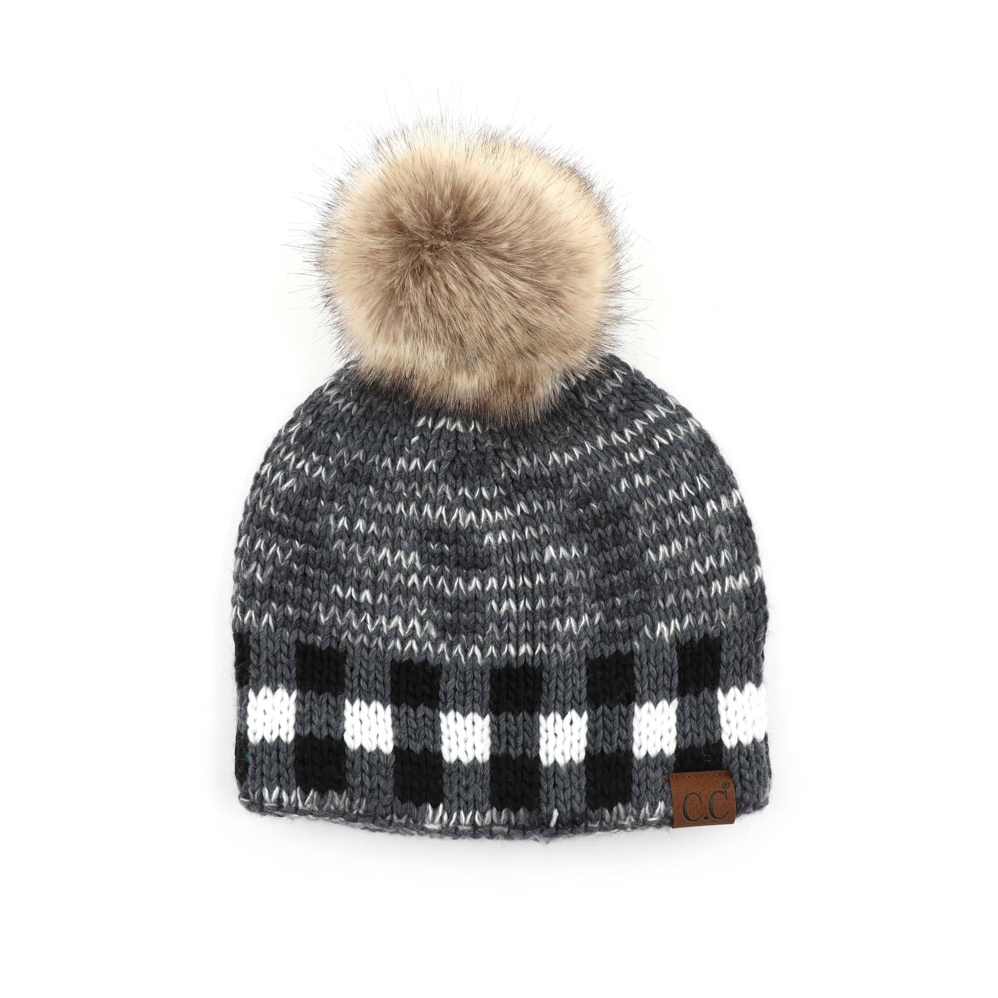 CC Fire Cozy Buffalo Plaid Beanie featuring a faux fur pom and stylish buffalo plaid design, perfect for winter wear.