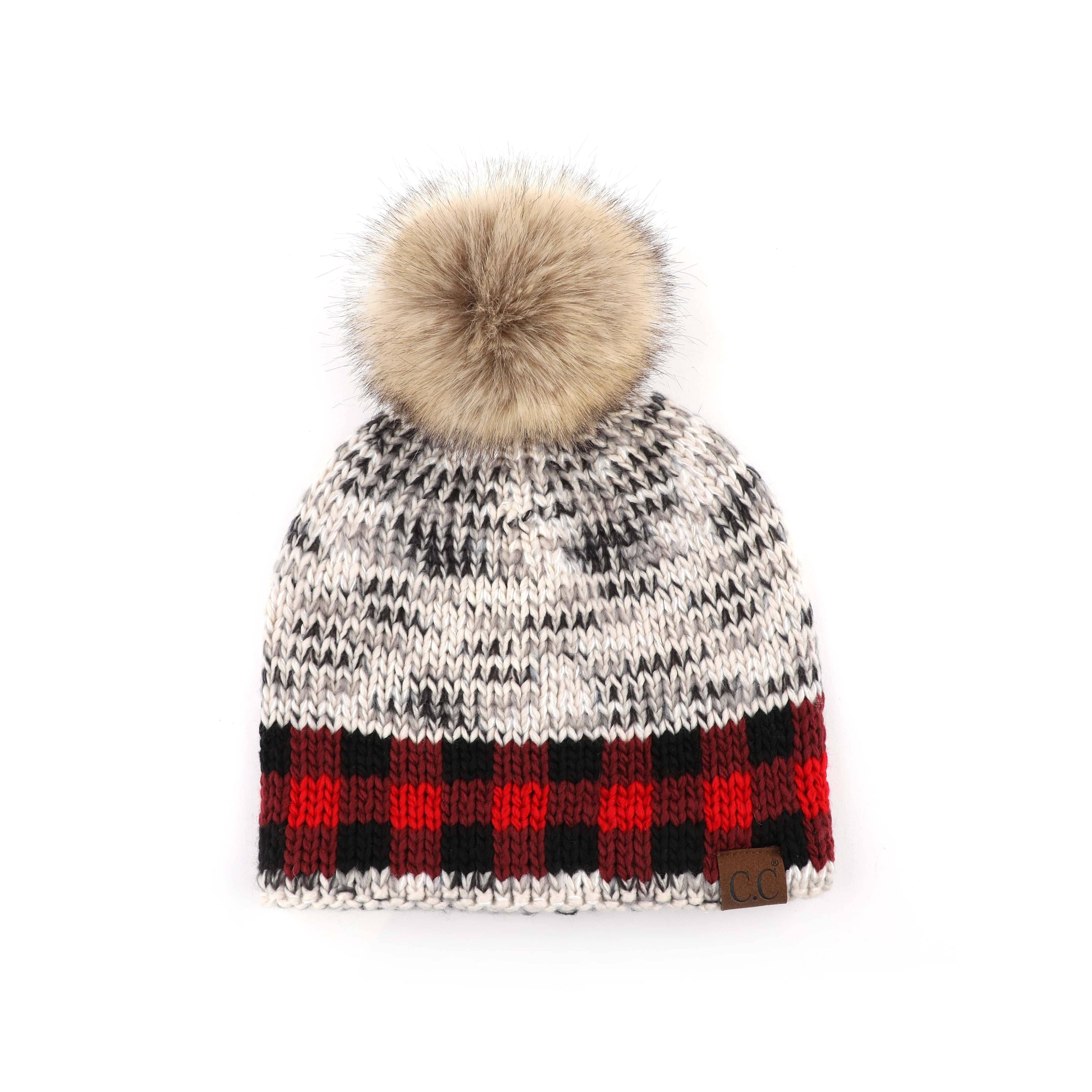 CC Fire Cozy Buffalo Plaid Beanie featuring a faux fur pom and stylish buffalo plaid design, perfect for winter wear.