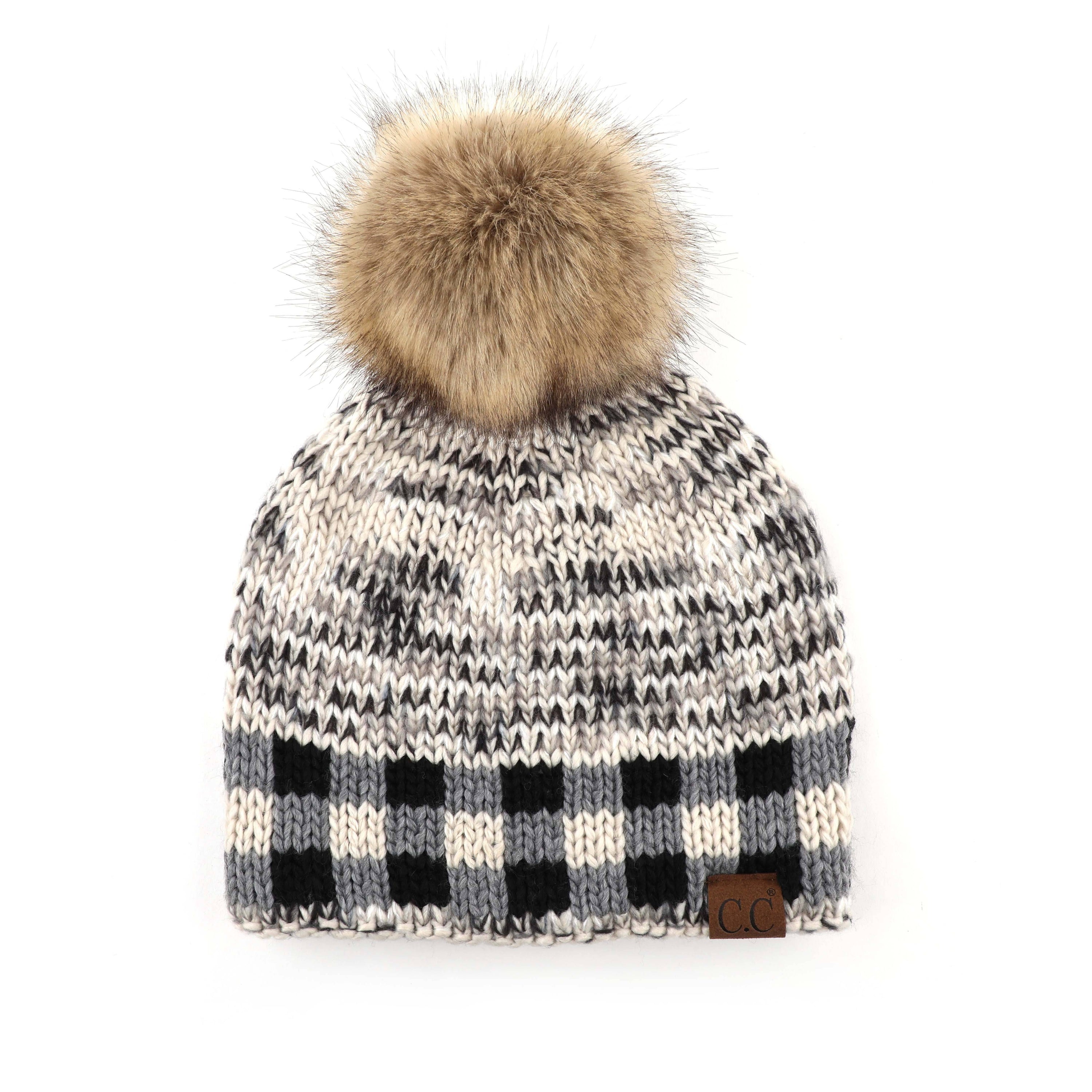 CC Fire Cozy Buffalo Plaid Beanie featuring a faux fur pom and stylish buffalo plaid design, perfect for winter wear.