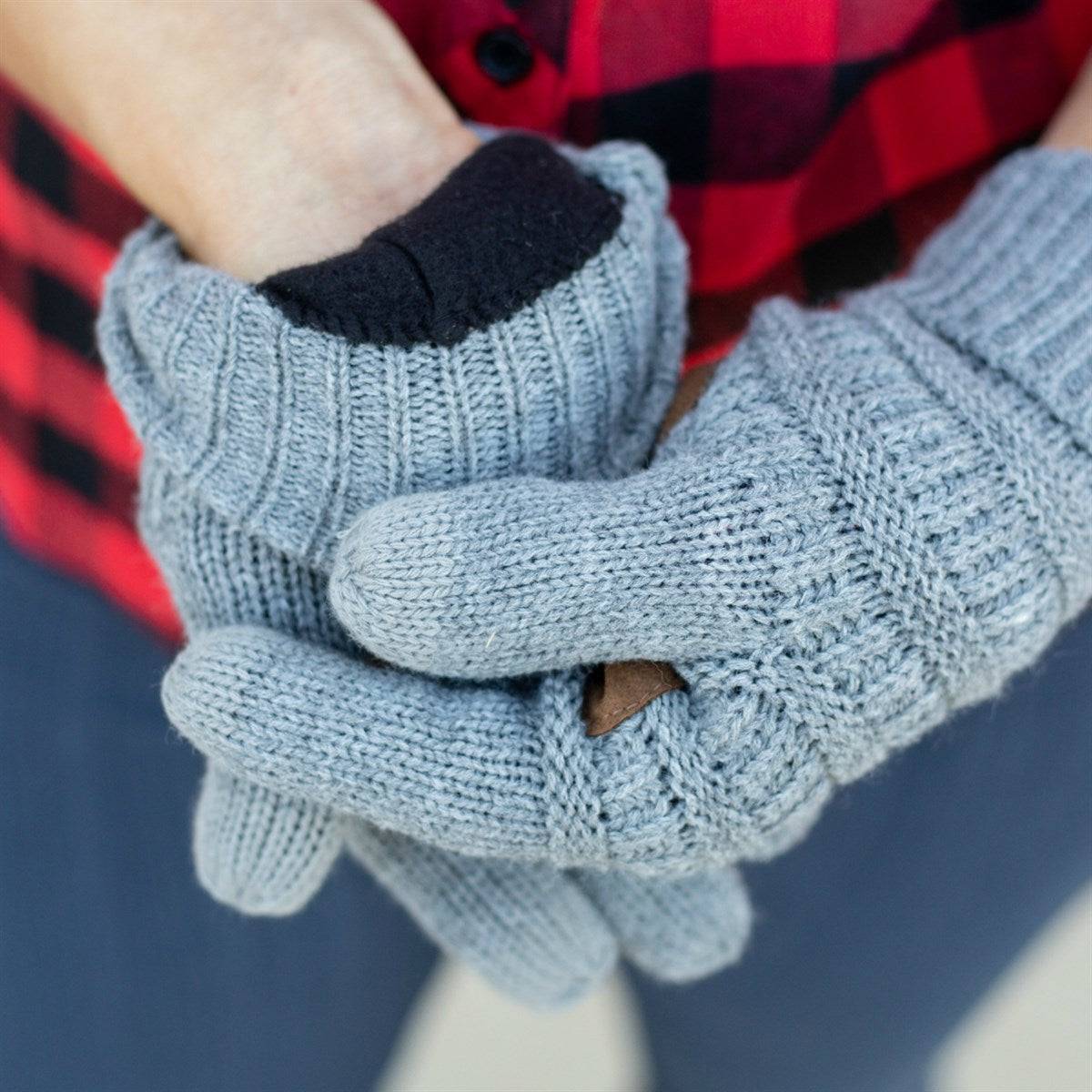 A pair of CC Fleece-Lined Touchscreen Gloves in various colors, showcasing their soft fleece lining and tech-touch compatible fingertips.