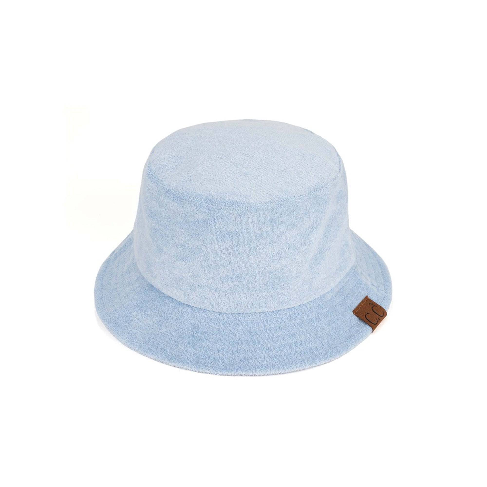 CC Foldable Terry Cloth Bucket Hat in soft terry cloth material, showcasing adjustable strap and stylish design.