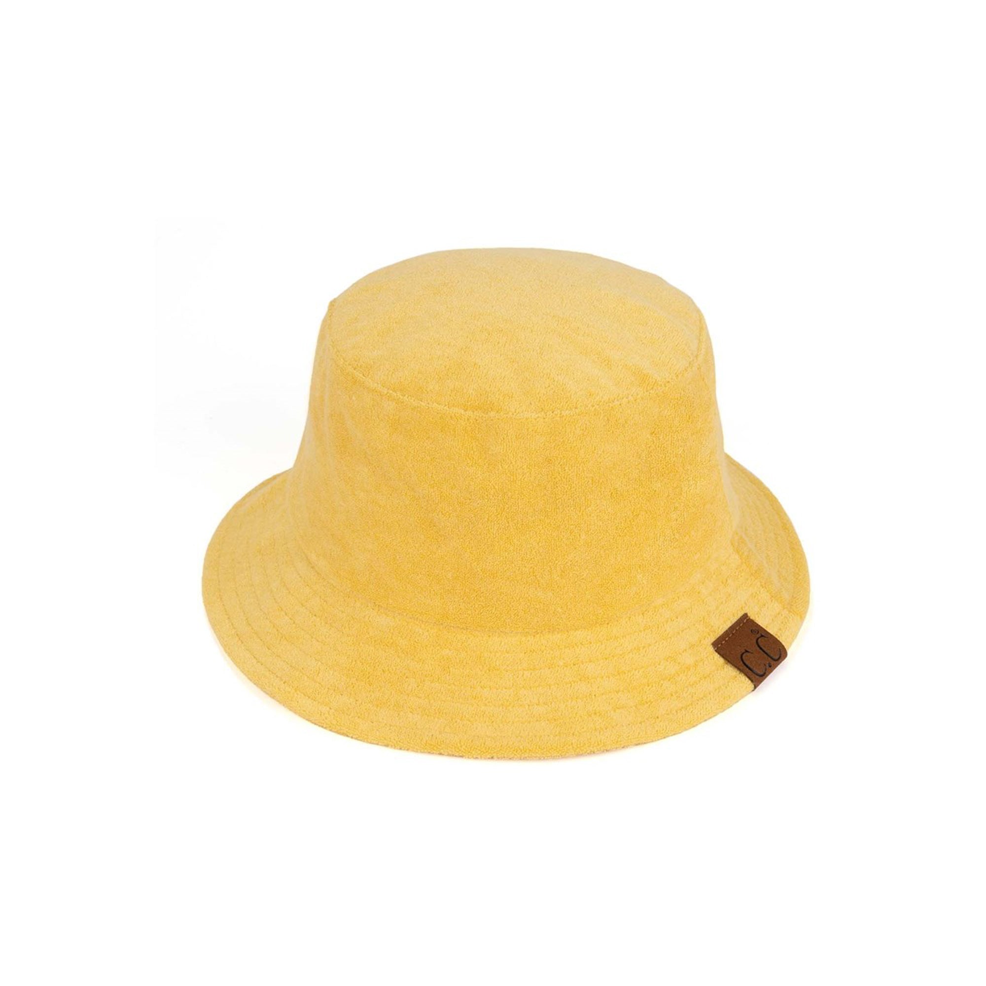 CC Foldable Terry Cloth Bucket Hat in soft terry cloth material, showcasing adjustable strap and stylish design.