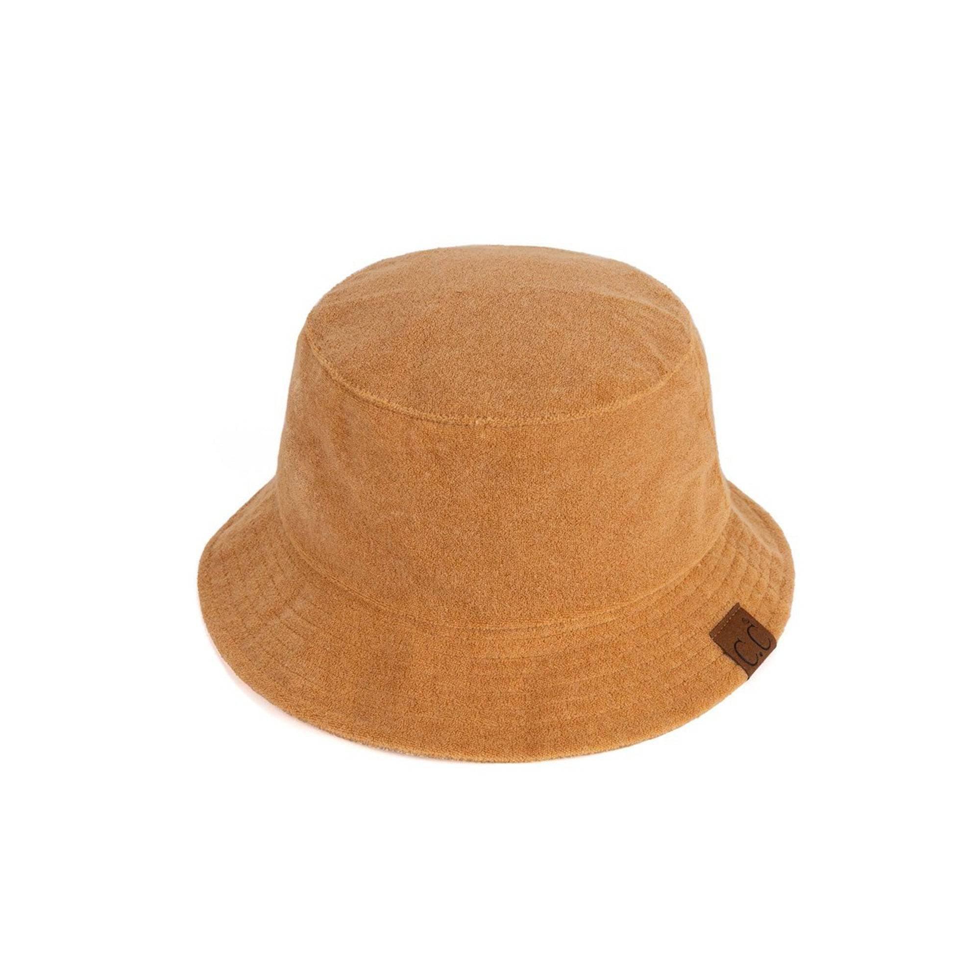 CC Foldable Terry Cloth Bucket Hat in soft terry cloth material, showcasing adjustable strap and stylish design.