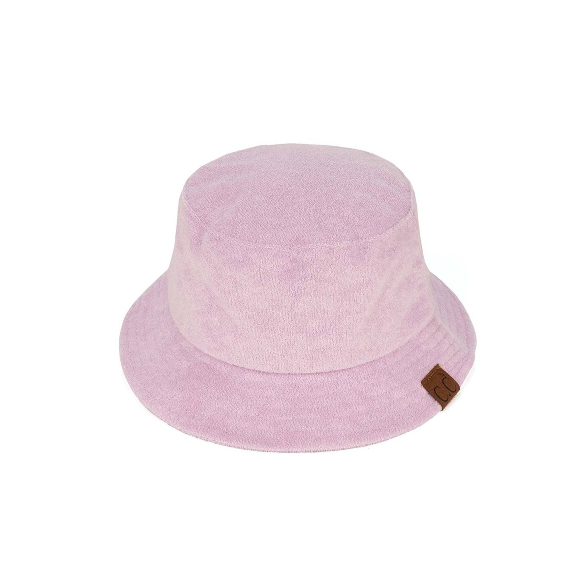 CC Foldable Terry Cloth Bucket Hat in soft terry cloth material, showcasing adjustable strap and stylish design.