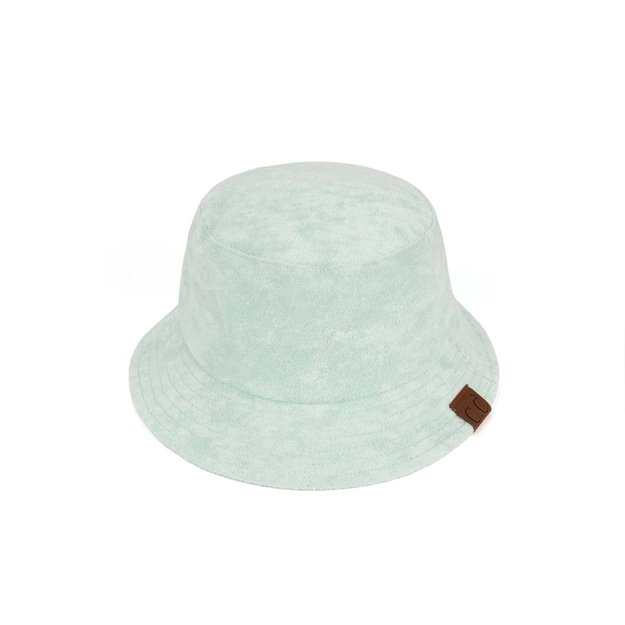 CC Foldable Terry Cloth Bucket Hat in soft terry cloth material, showcasing adjustable strap and stylish design.