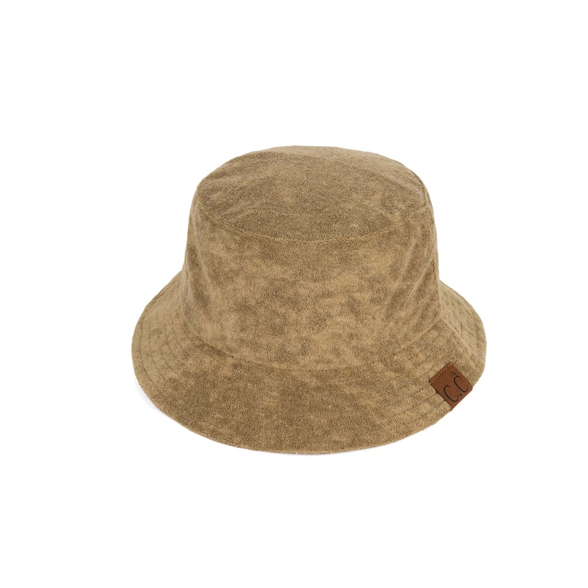 CC Foldable Terry Cloth Bucket Hat in soft terry cloth material, showcasing adjustable strap and stylish design.