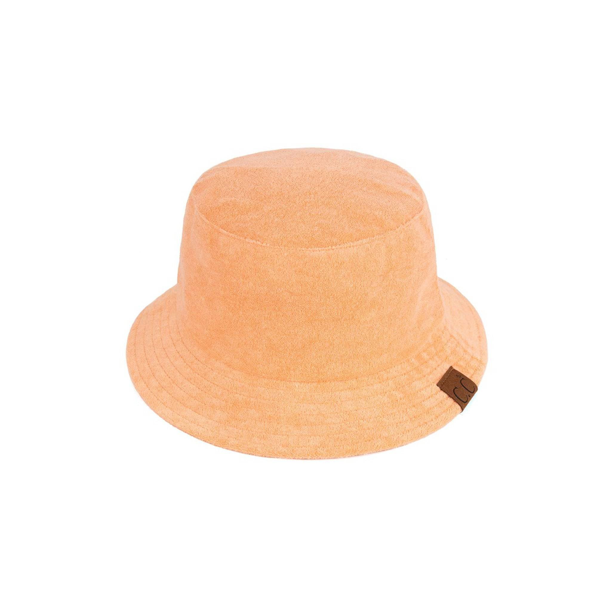 CC Foldable Terry Cloth Bucket Hat in soft terry cloth material, showcasing adjustable strap and stylish design.