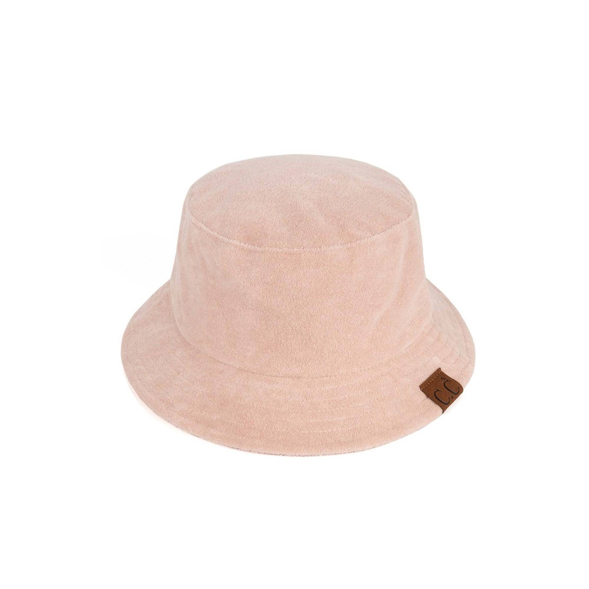 CC Foldable Terry Cloth Bucket Hat in soft terry cloth material, showcasing adjustable strap and stylish design.