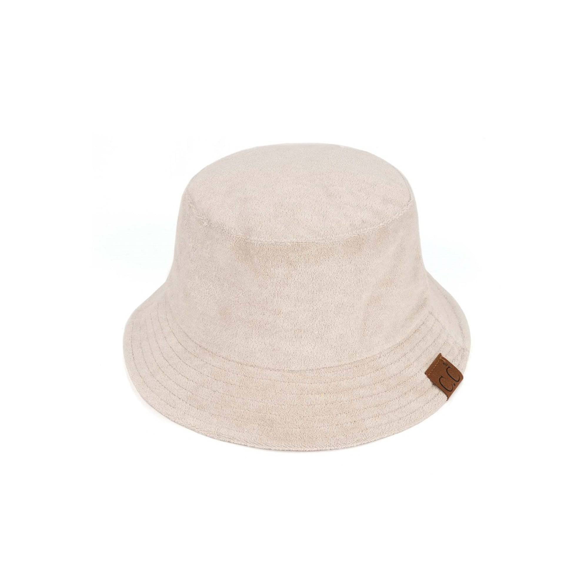 CC Foldable Terry Cloth Bucket Hat in soft terry cloth material, showcasing adjustable strap and stylish design.