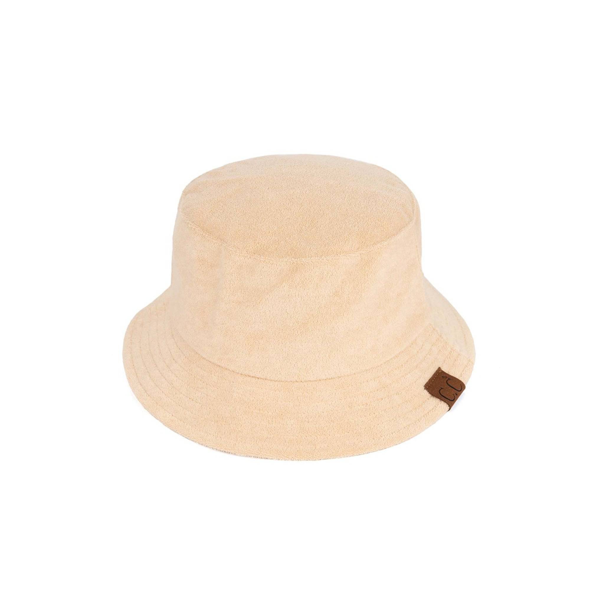 CC Foldable Terry Cloth Bucket Hat in soft terry cloth material, showcasing adjustable strap and stylish design.