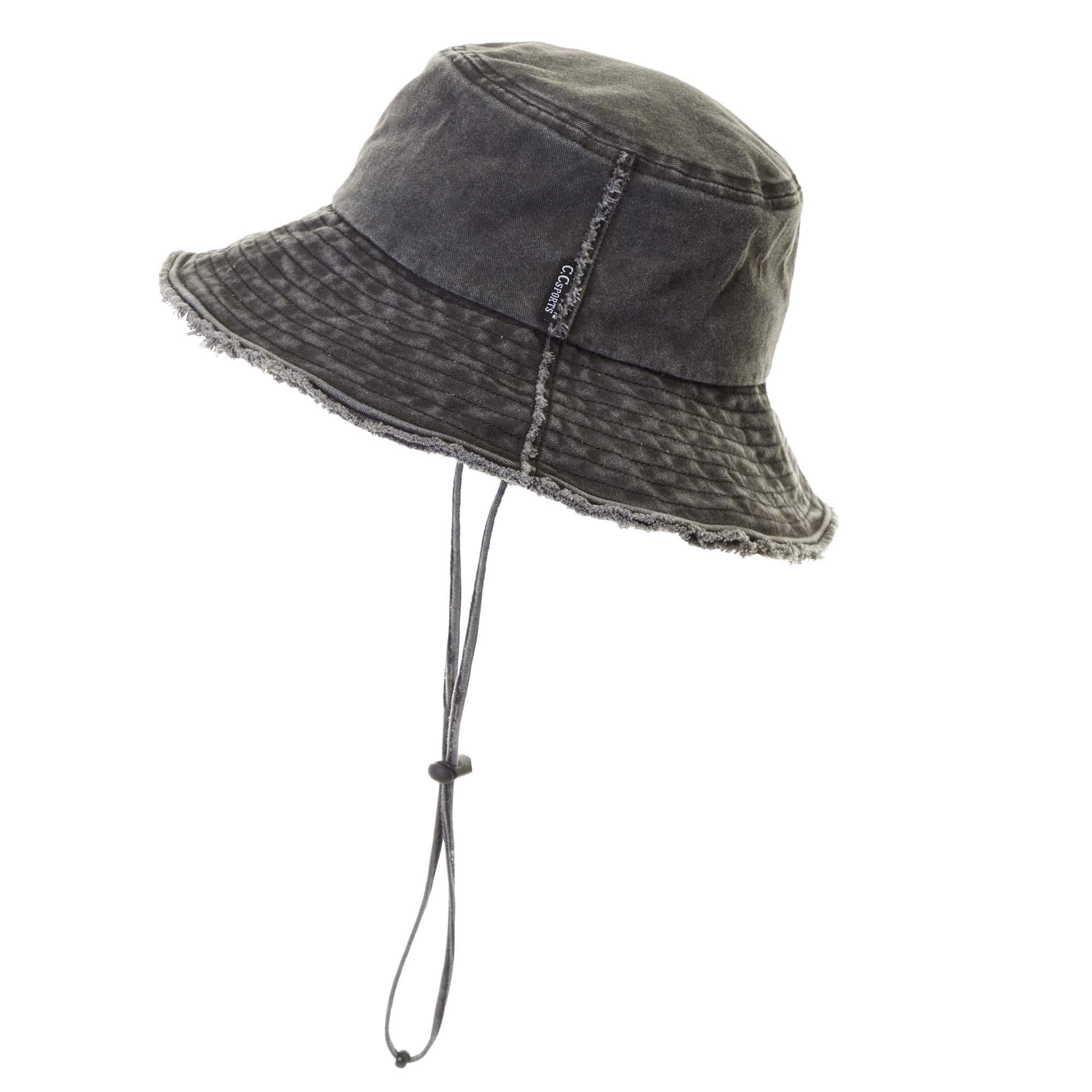 CC Frayed Washed Denim Bucket Hat with frayed edges and wide brim, perfect for sun protection and outdoor activities.