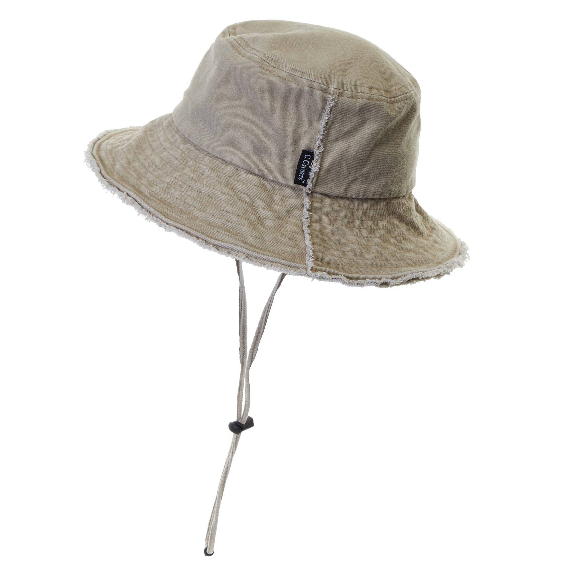 CC Frayed Washed Denim Bucket Hat with frayed edges and wide brim, perfect for sun protection and outdoor activities.