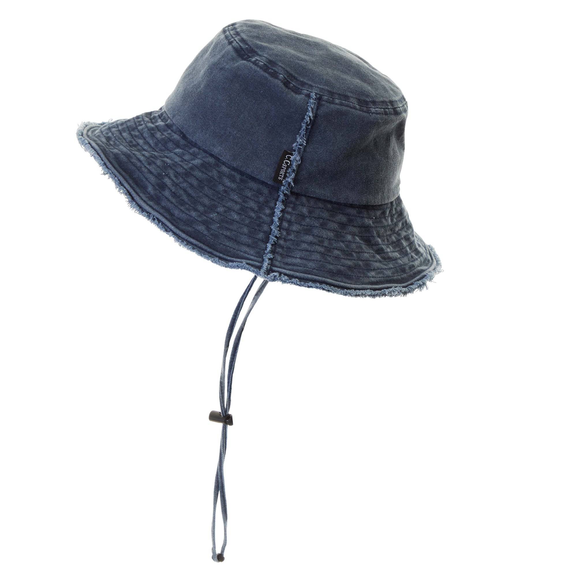 CC Frayed Washed Denim Bucket Hat with frayed edges and wide brim, perfect for sun protection and outdoor activities.