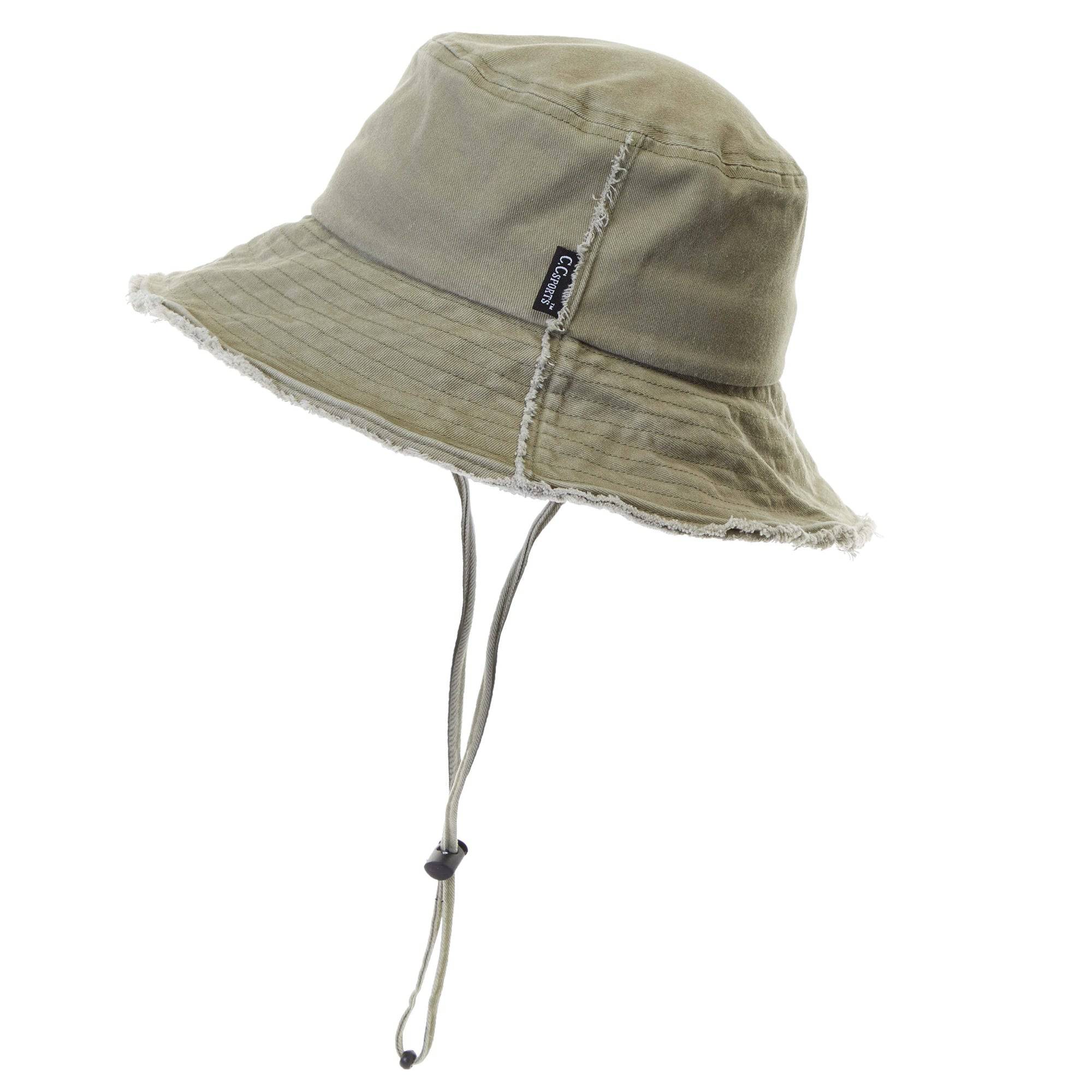 CC Frayed Washed Denim Bucket Hat with frayed edges and wide brim, perfect for sun protection and outdoor activities.