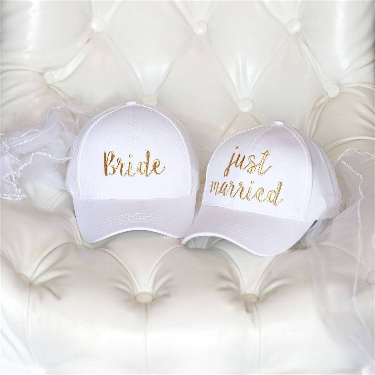 CC Just Married Bridal Veil Cap featuring a gold 'Bride' print and attached veil, perfect for brides and bridal parties.