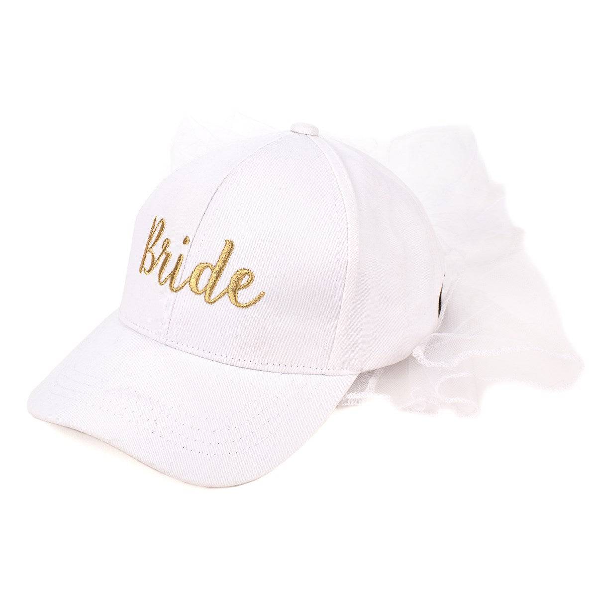 CC Just Married Bridal Veil Cap featuring a gold 'Bride' print and attached veil, perfect for brides and bridal parties.