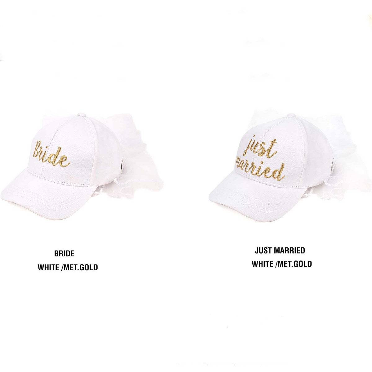 CC Just Married Bridal Veil Cap featuring a gold 'Bride' print and attached veil, perfect for brides and bridal parties.