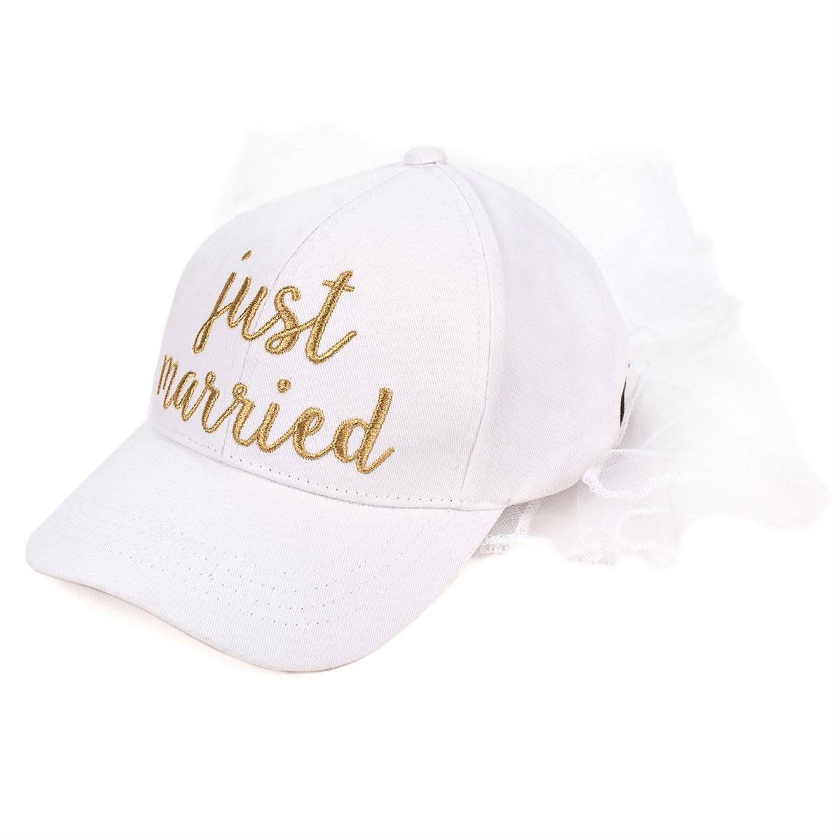 CC Just Married Bridal Veil Cap featuring a gold 'Bride' print and attached veil, perfect for brides and bridal parties.