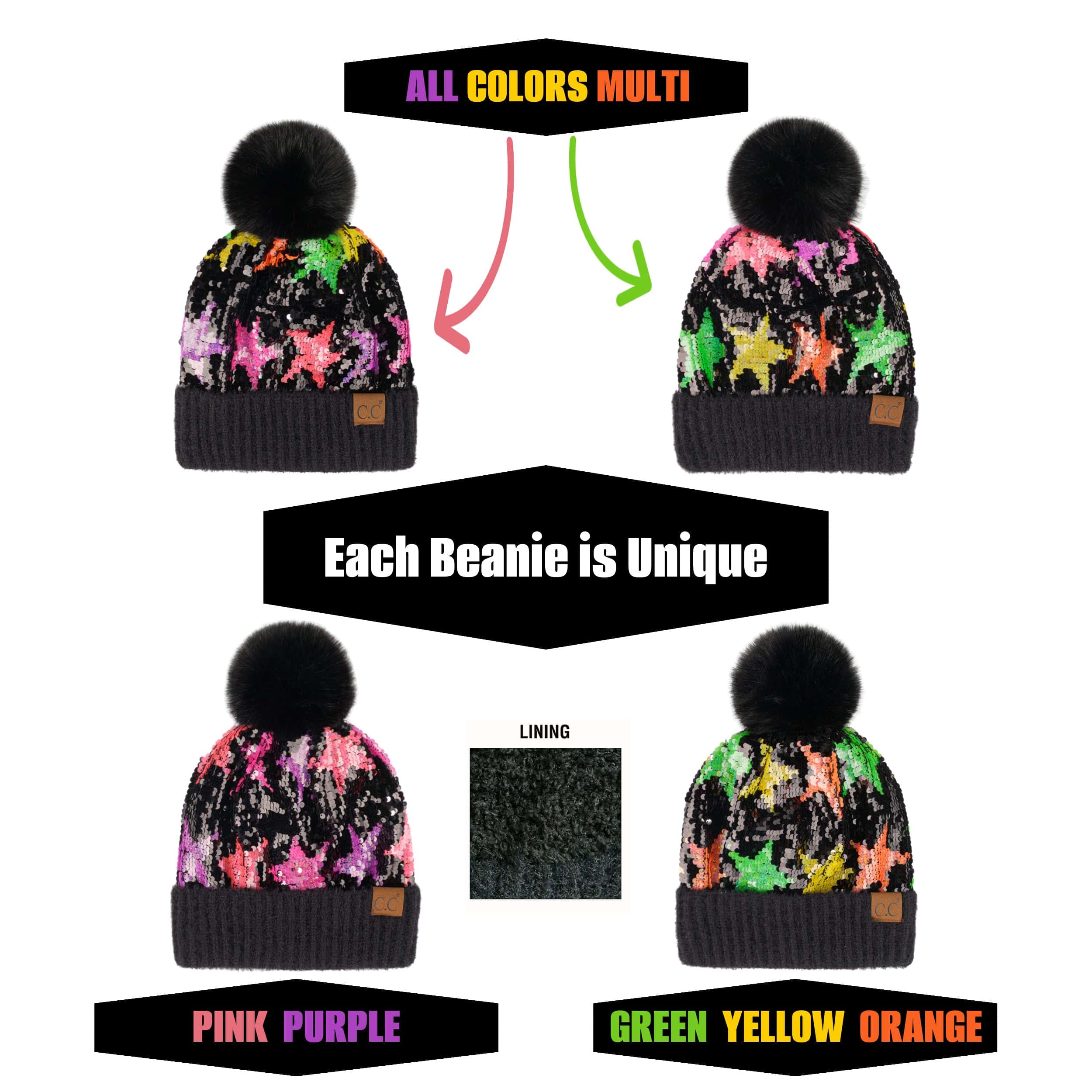 CC Kids Neon Star Sequin Faux Fur Pom Beanie featuring a vibrant sequin design and a fluffy faux fur pom on top.