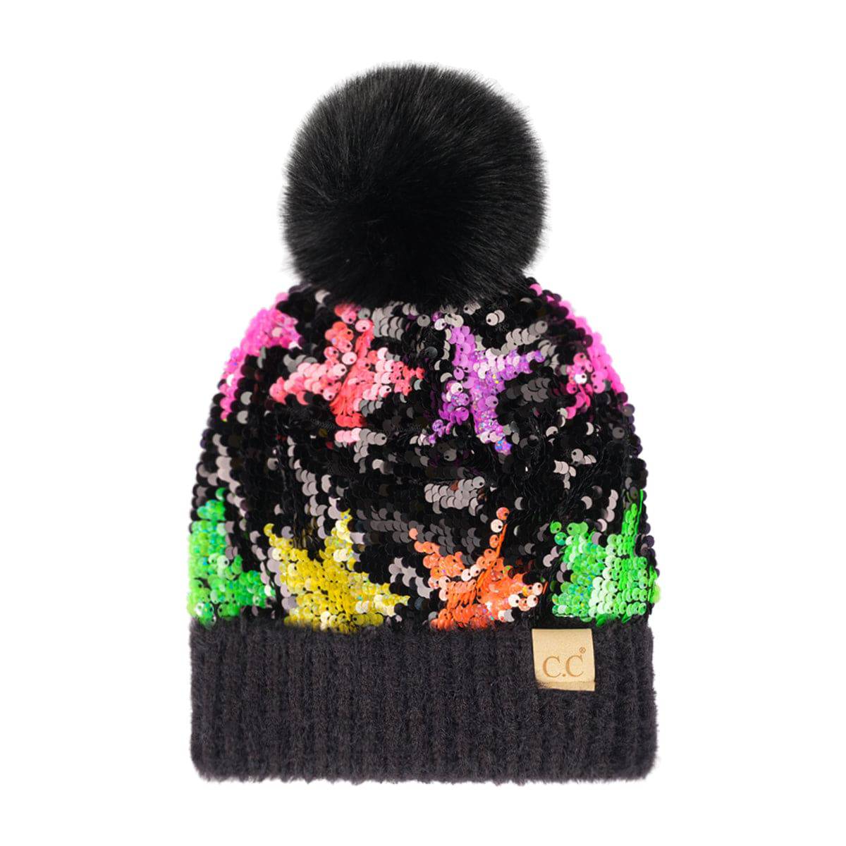 CC Kids Neon Star Sequin Faux Fur Pom Beanie featuring a vibrant sequin design and a fluffy faux fur pom on top.