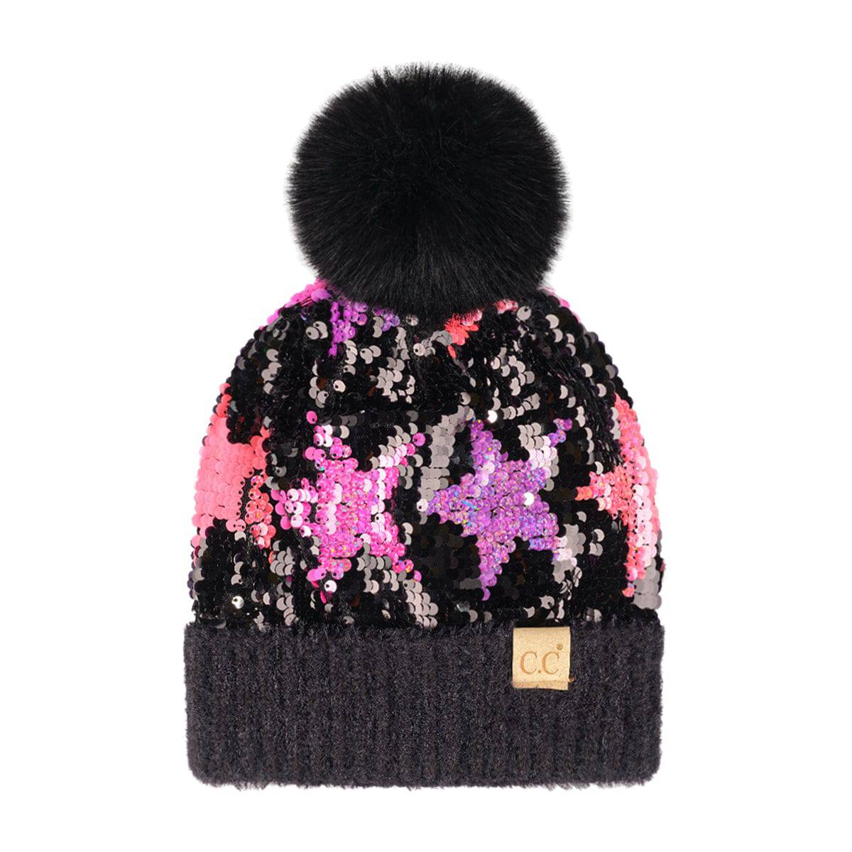 CC Kids Neon Star Sequin Faux Fur Pom Beanie featuring a vibrant sequin design and a fluffy faux fur pom on top.