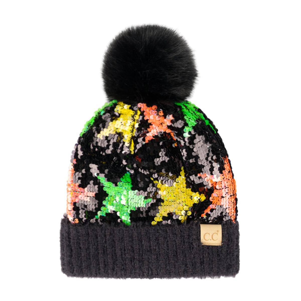 CC Kids Neon Star Sequin Faux Fur Pom Beanie featuring a vibrant sequin design and a fluffy faux fur pom on top.