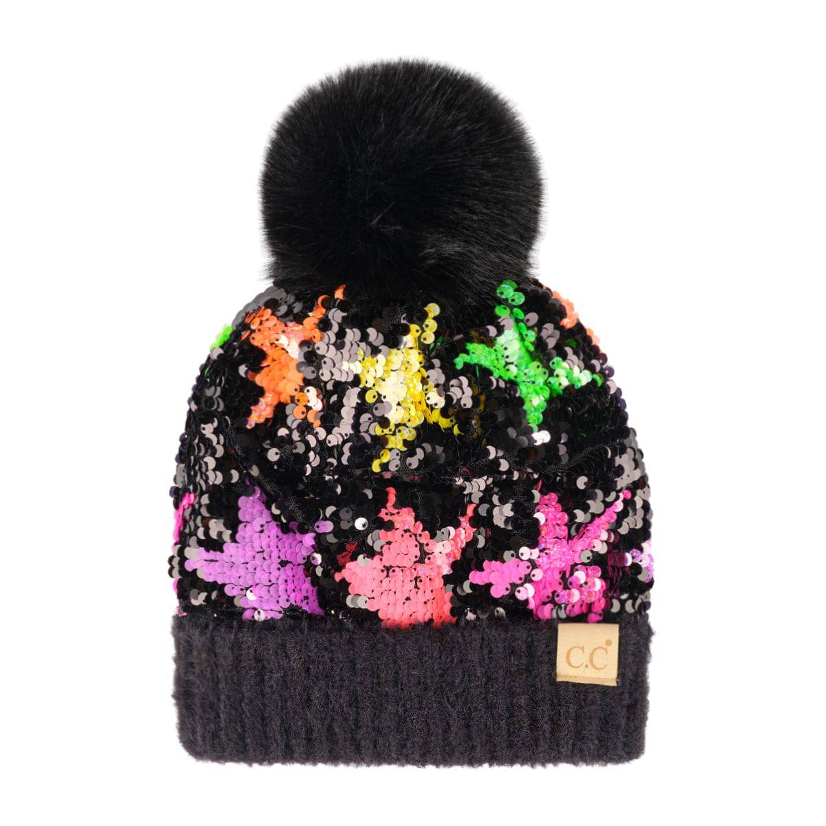 CC Kids Neon Star Sequin Faux Fur Pom Beanie featuring a vibrant sequin design and a fluffy faux fur pom on top.