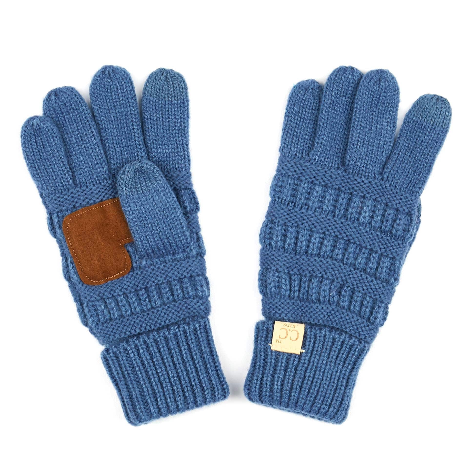 A pair of CC Kids Touchscreen Gloves in various colors, showcasing their soft texture and touchscreen fingertips.