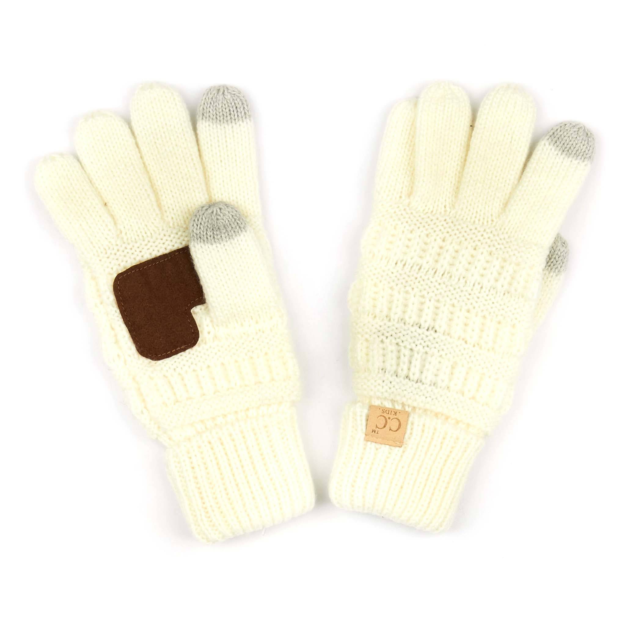 A pair of CC Kids Touchscreen Gloves in various colors, showcasing their soft texture and touchscreen fingertips.