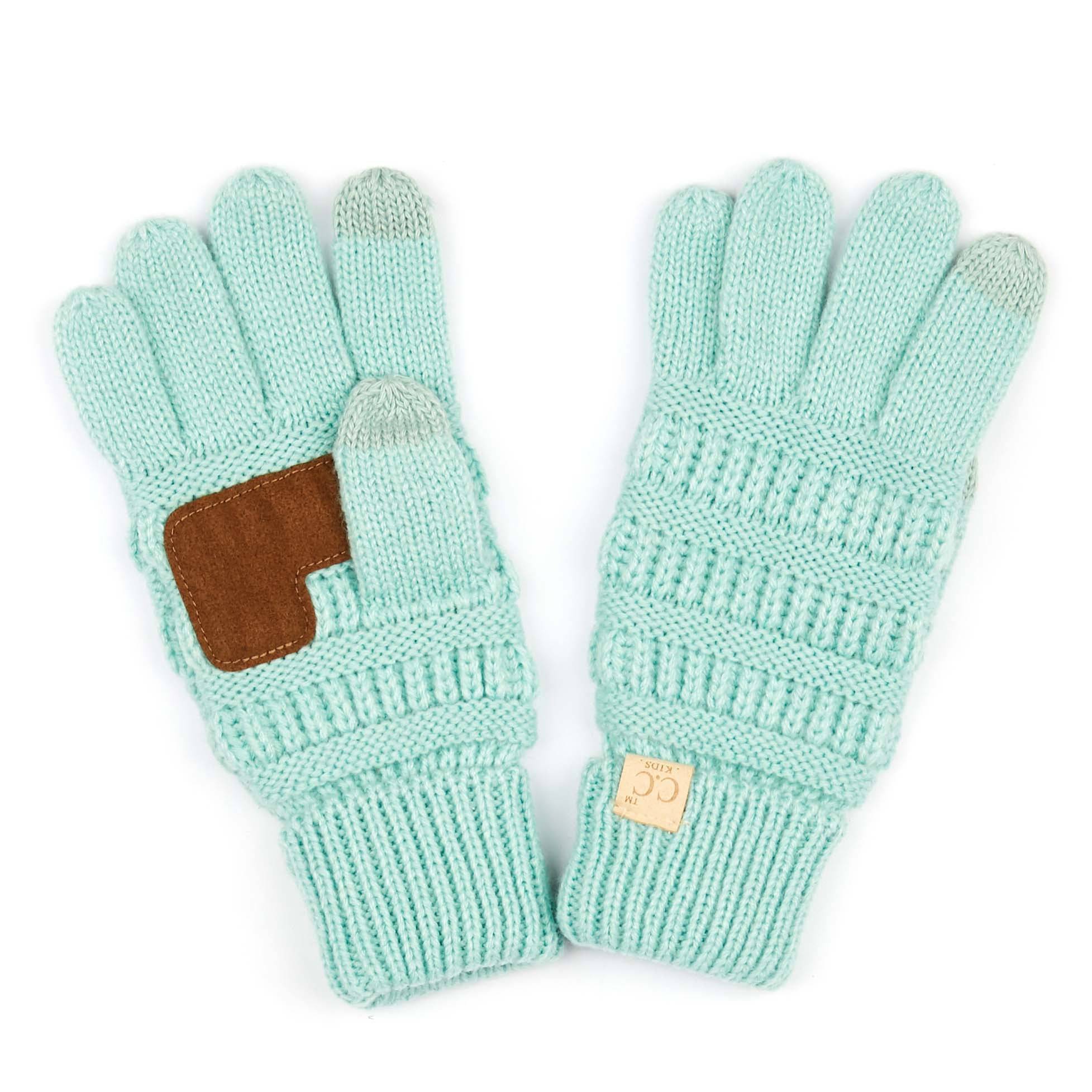 A pair of CC Kids Touchscreen Gloves in various colors, showcasing their soft texture and touchscreen fingertips.