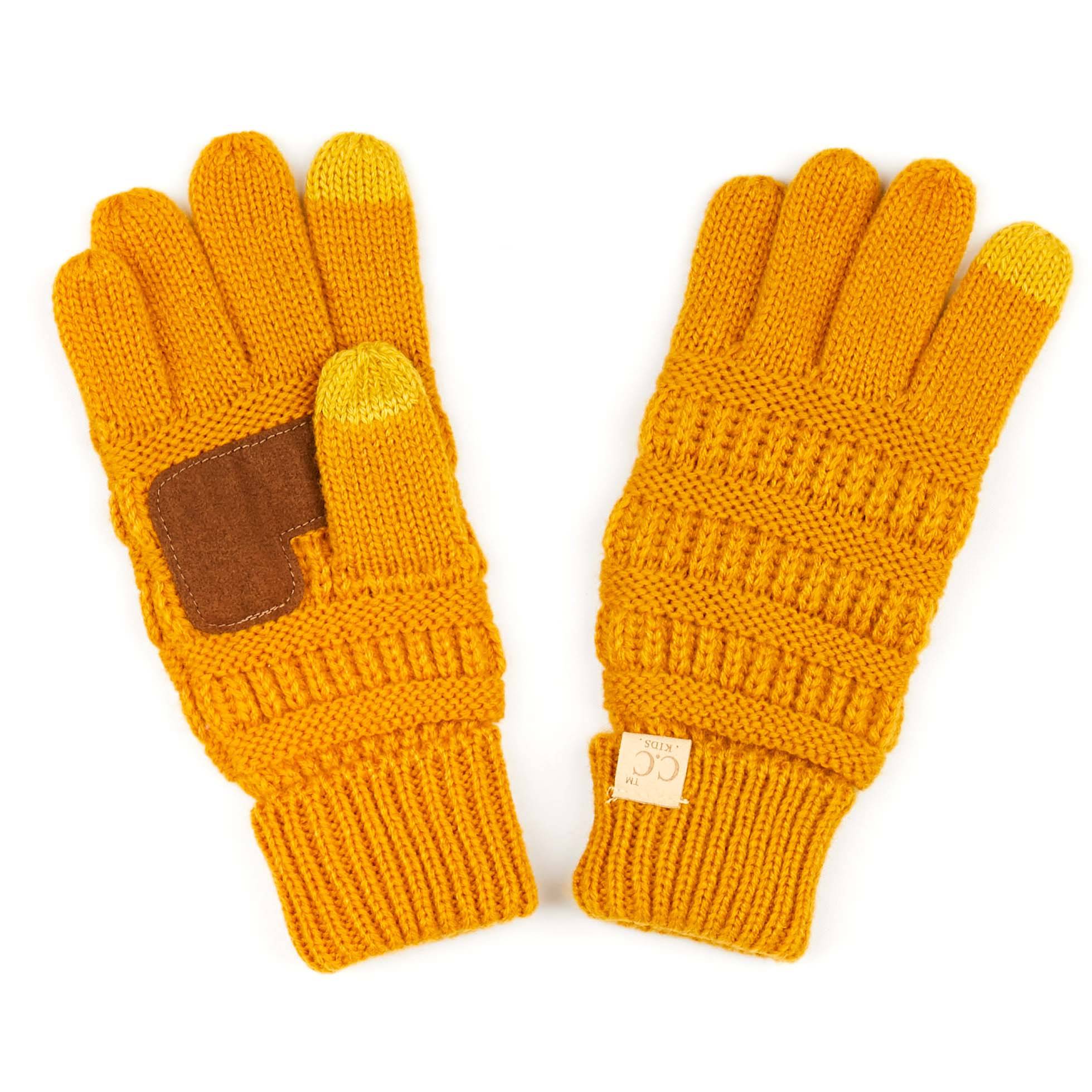 A pair of CC Kids Touchscreen Gloves in various colors, showcasing their soft texture and touchscreen fingertips.