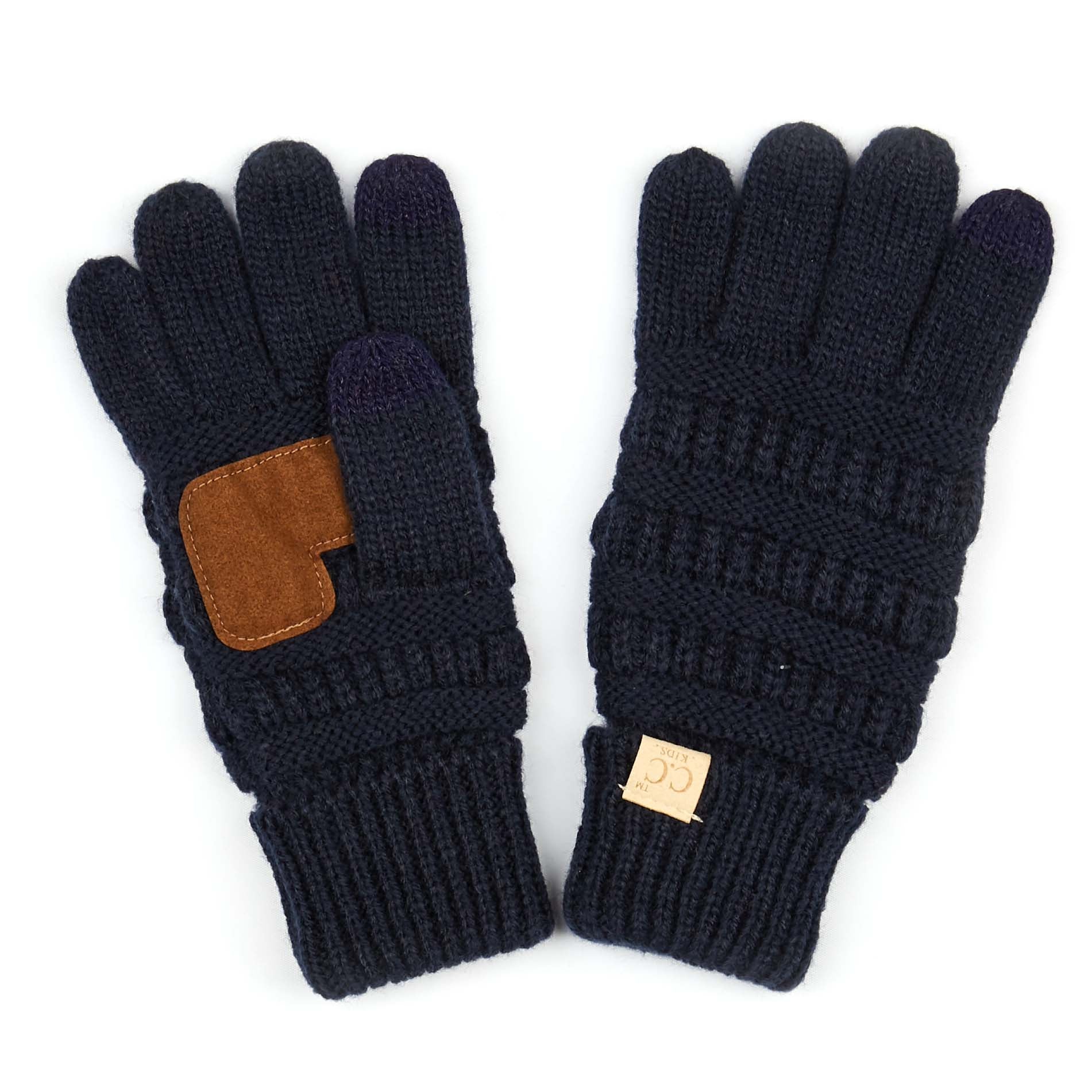 A pair of CC Kids Touchscreen Gloves in various colors, showcasing their soft texture and touchscreen fingertips.