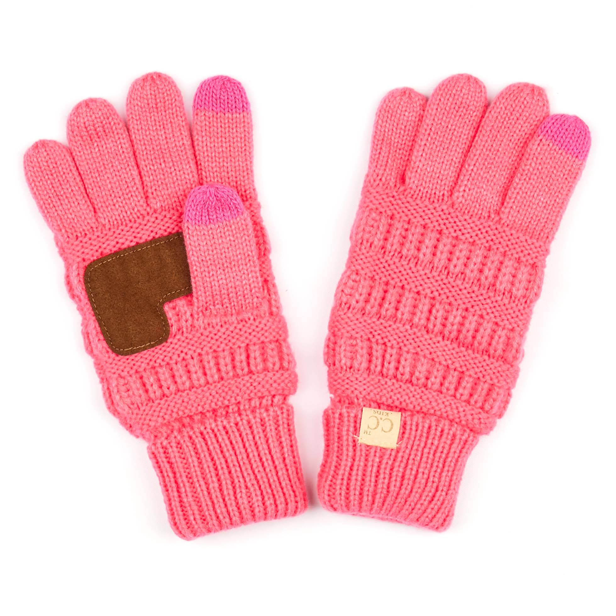 A pair of CC Kids Touchscreen Gloves in various colors, showcasing their soft texture and touchscreen fingertips.