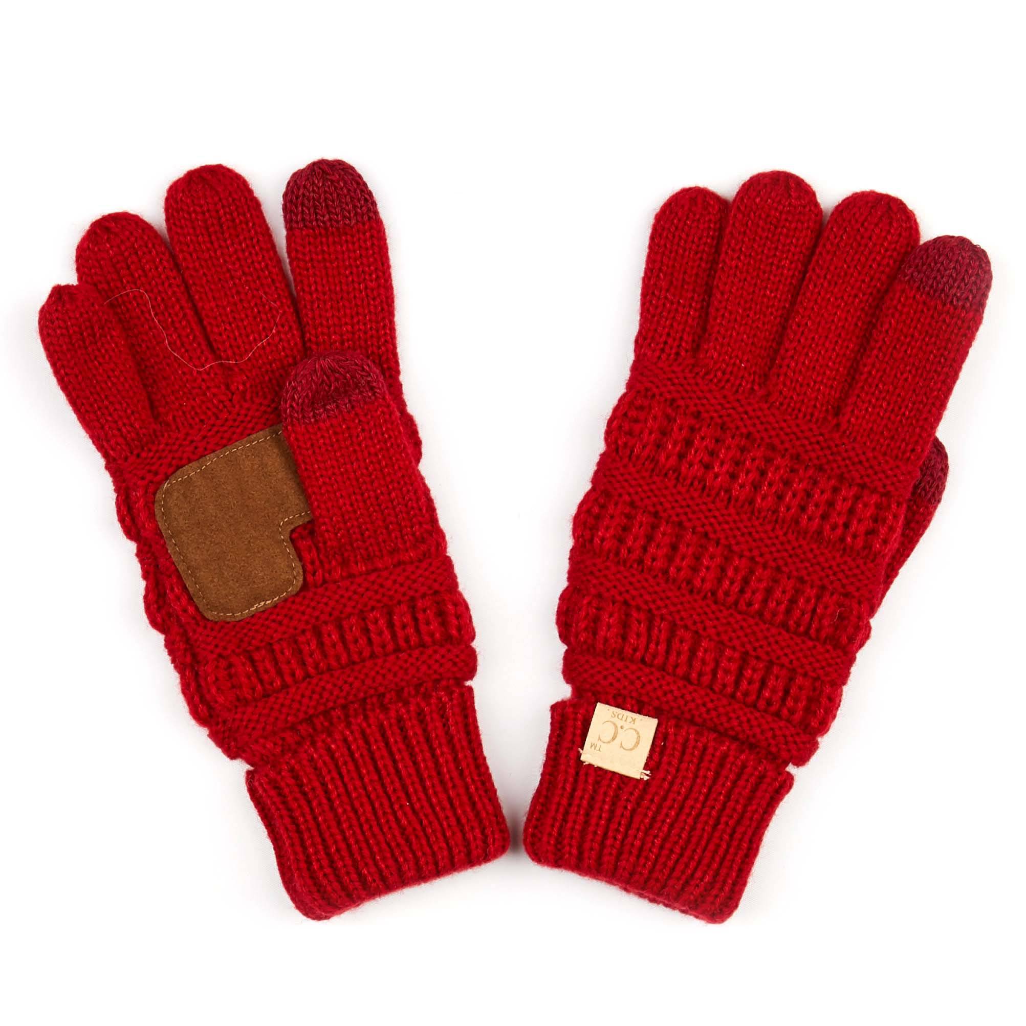 A pair of CC Kids Touchscreen Gloves in various colors, showcasing their soft texture and touchscreen fingertips.