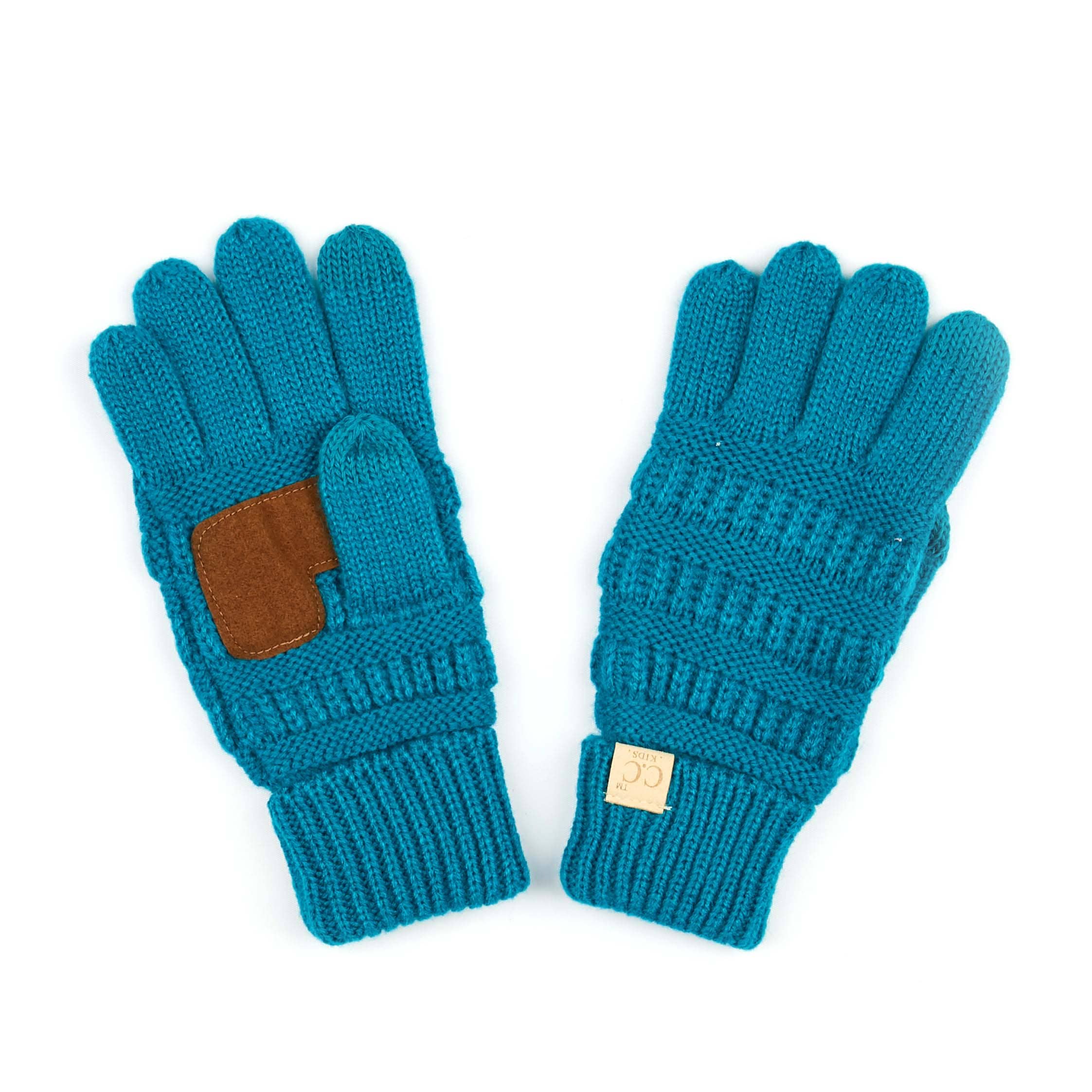 A pair of CC Kids Touchscreen Gloves in various colors, showcasing their soft texture and touchscreen fingertips.