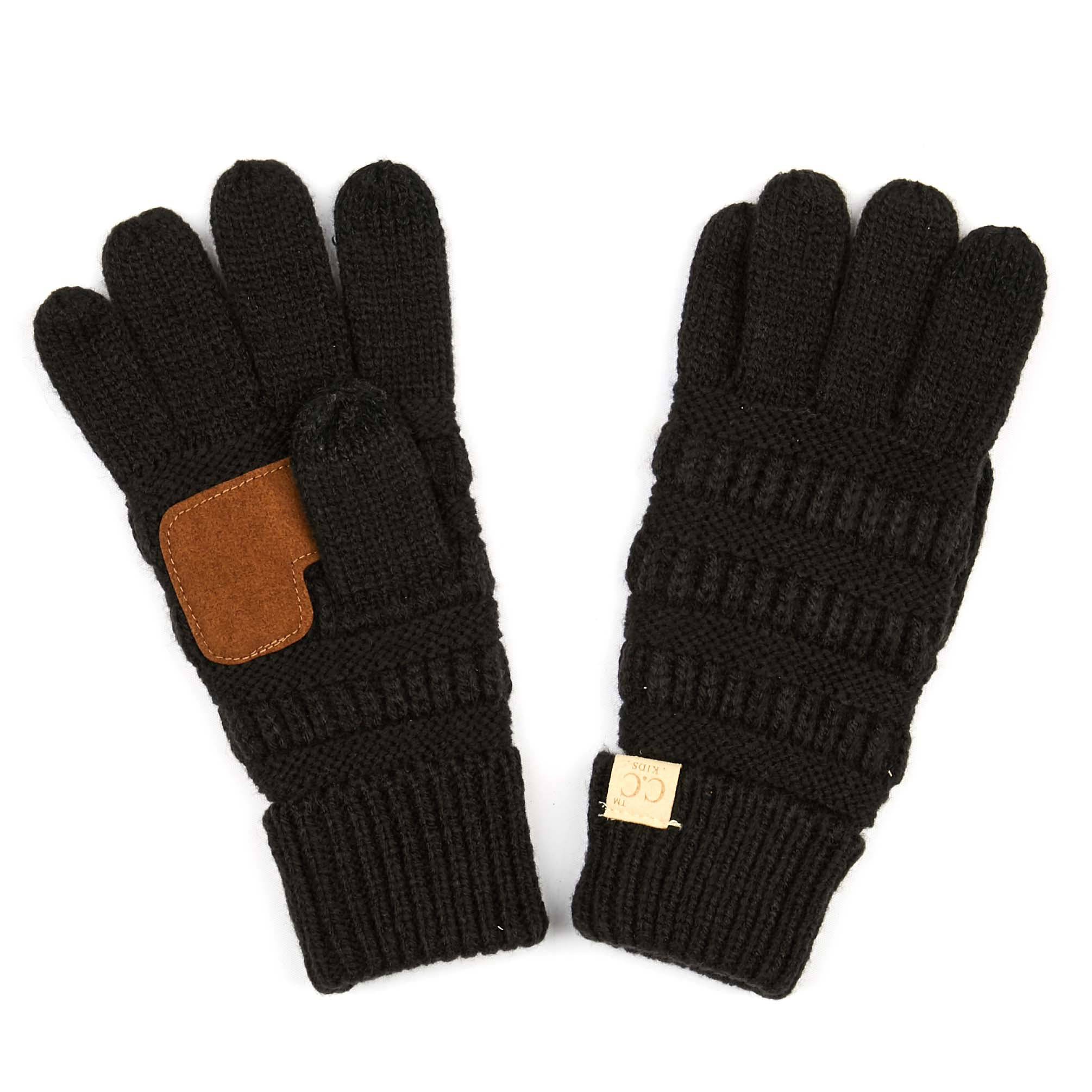 A pair of CC Kids Touchscreen Gloves in various colors, showcasing their soft texture and touchscreen fingertips.