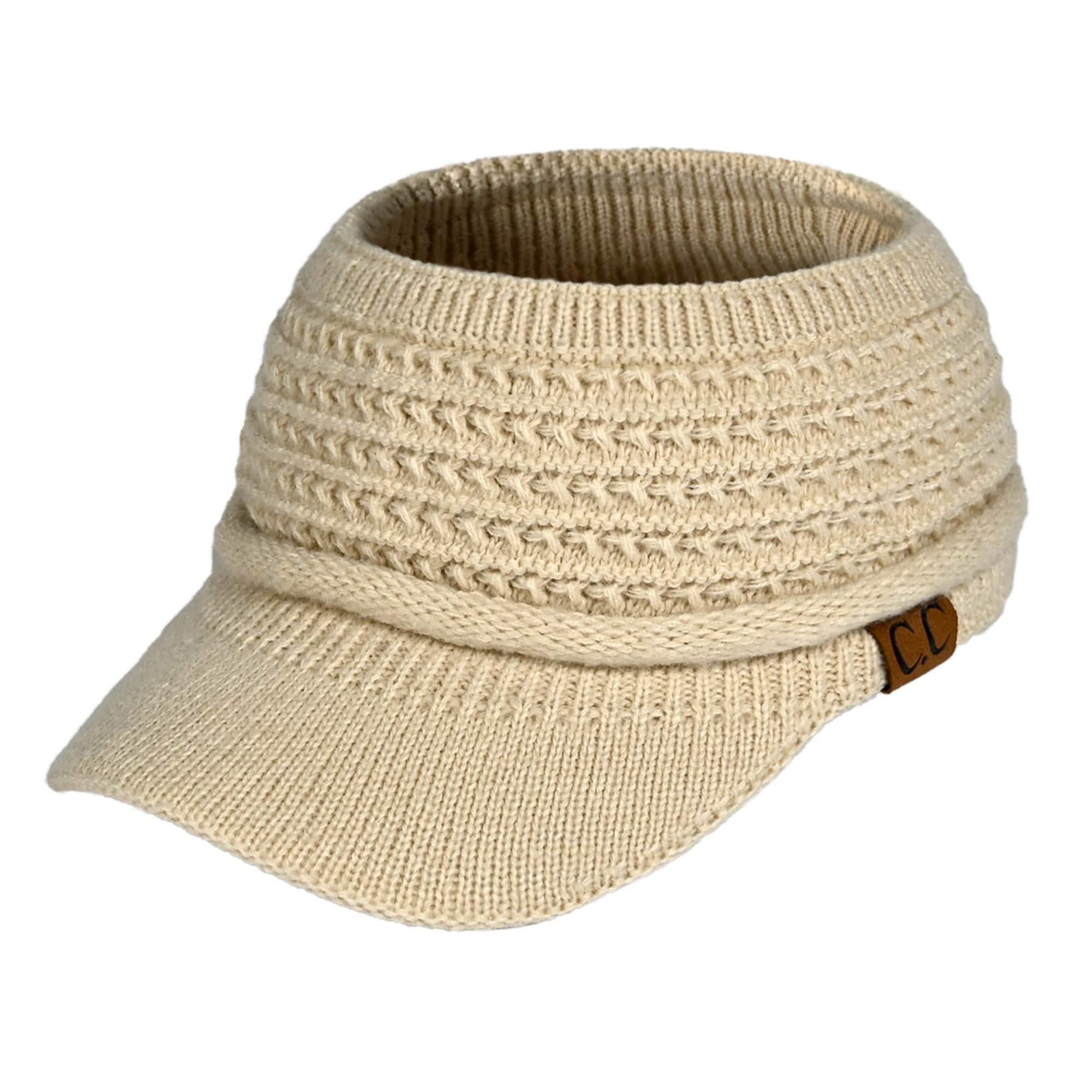 CC Knitted Visor featuring a wide brim and opening for ponytails, made from soft acrylic in a stylish design.