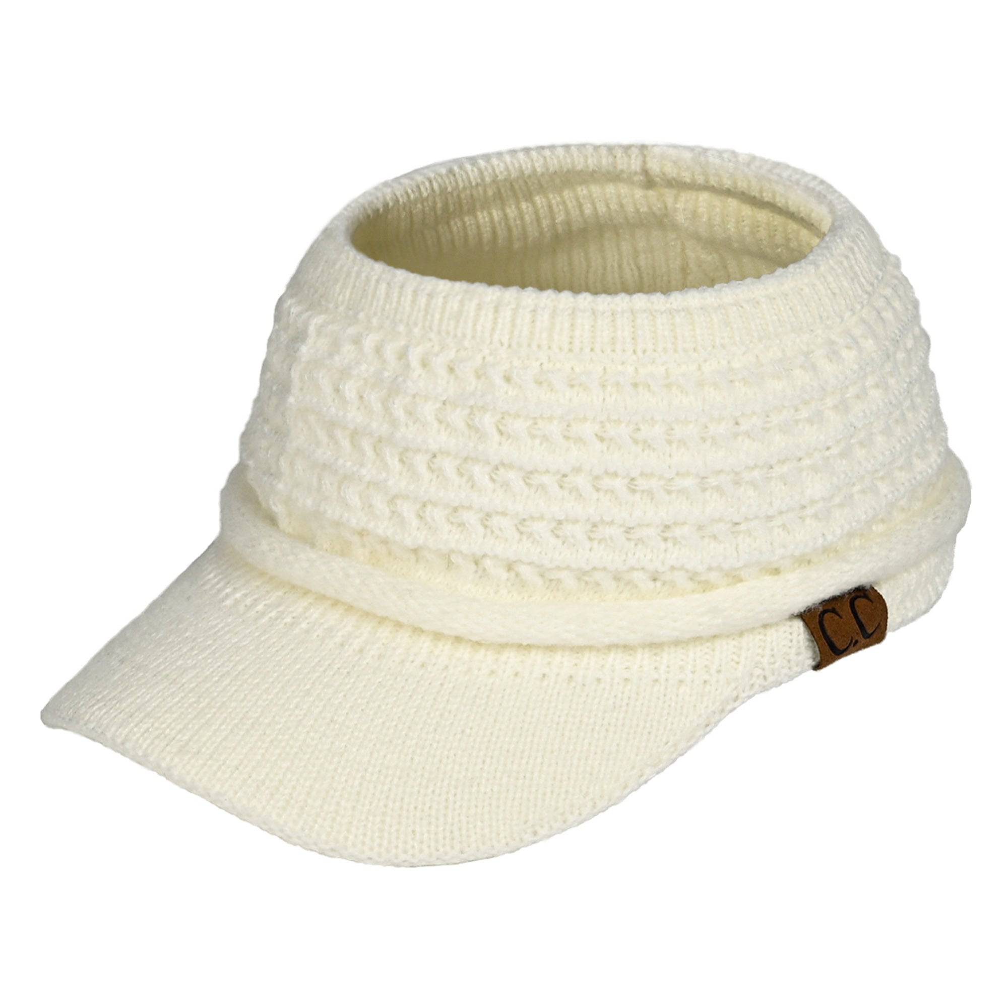 CC Knitted Visor featuring a wide brim and opening for ponytails, made from soft acrylic in a stylish design.