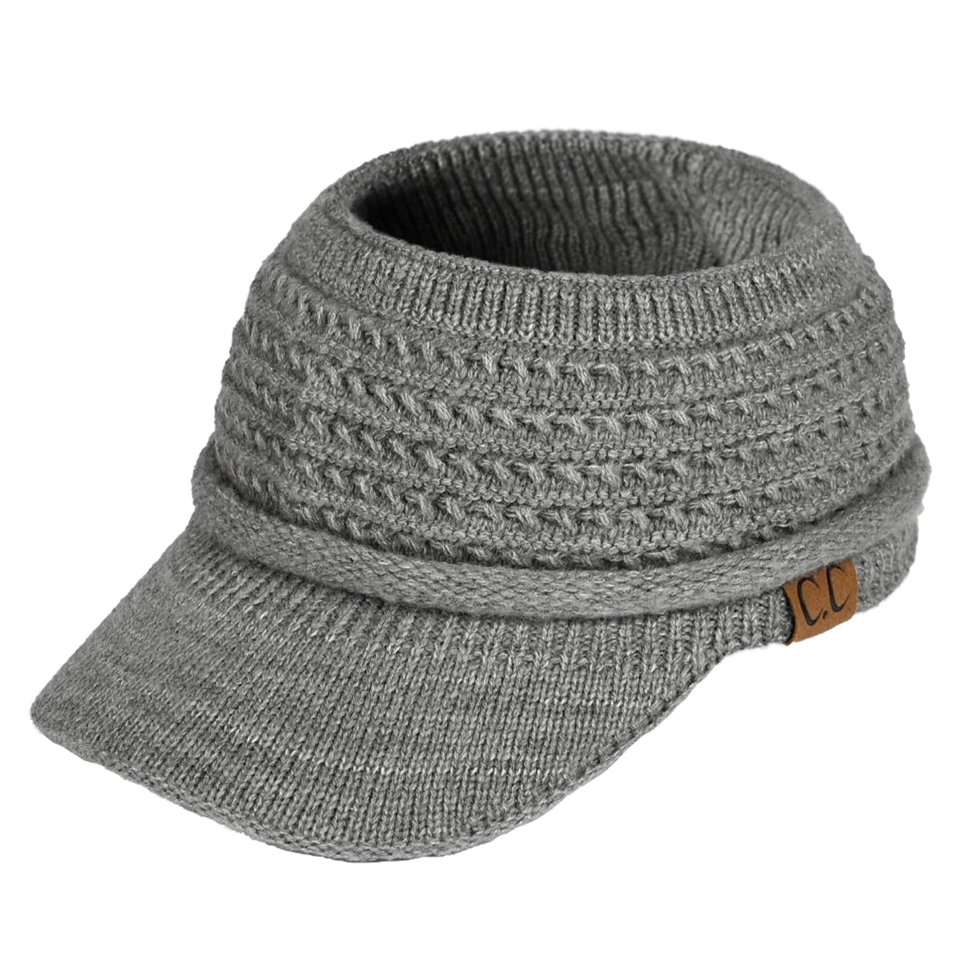 CC Knitted Visor featuring a wide brim and opening for ponytails, made from soft acrylic in a stylish design.