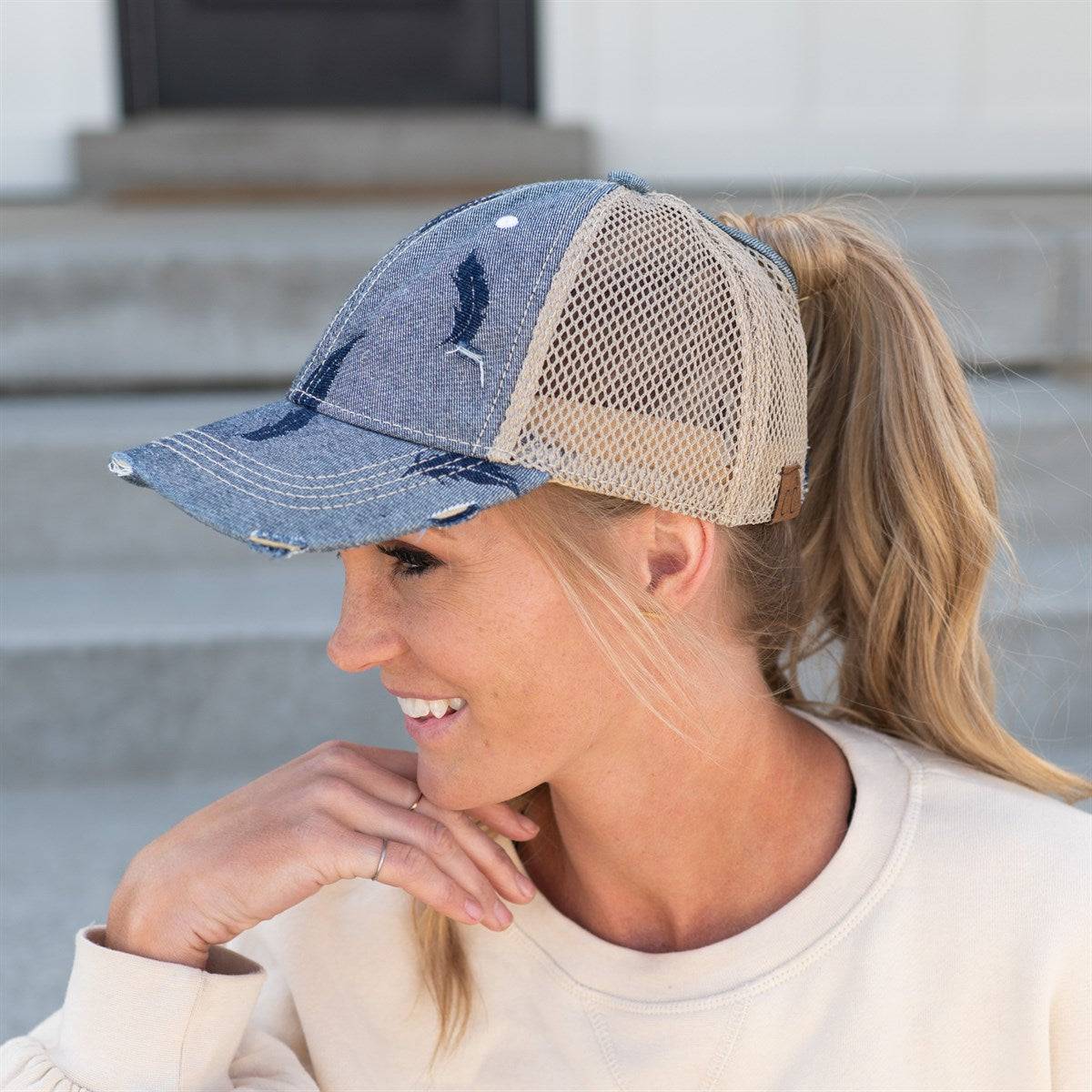 CC Leaf Motif Jacquard Denim Pony Cap featuring a stylish leaf pattern, adjustable velcro strap, and ponytail opening, suitable for women, teens, and kids.