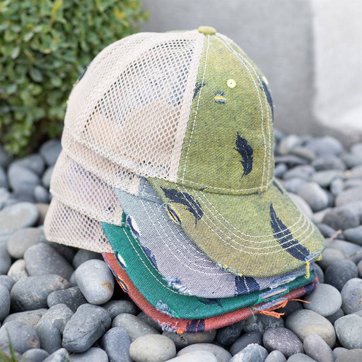 CC Leaf Motif Jacquard Denim Pony Cap featuring a stylish leaf pattern, adjustable velcro strap, and ponytail opening, suitable for women, teens, and kids.