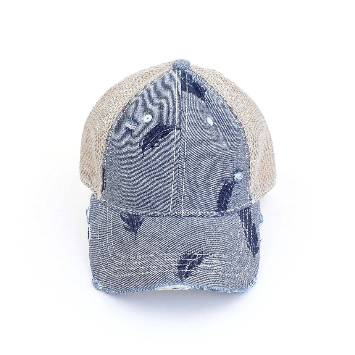 CC Leaf Motif Jacquard Denim Pony Cap featuring a stylish leaf pattern, adjustable velcro strap, and ponytail opening, suitable for women, teens, and kids.