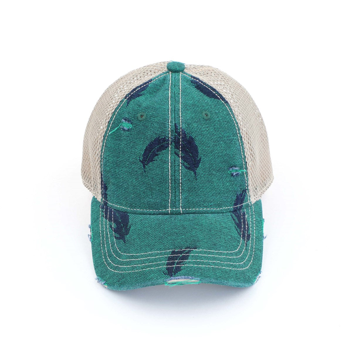 CC Leaf Motif Jacquard Denim Pony Cap featuring a stylish leaf pattern, adjustable velcro strap, and ponytail opening, suitable for women, teens, and kids.